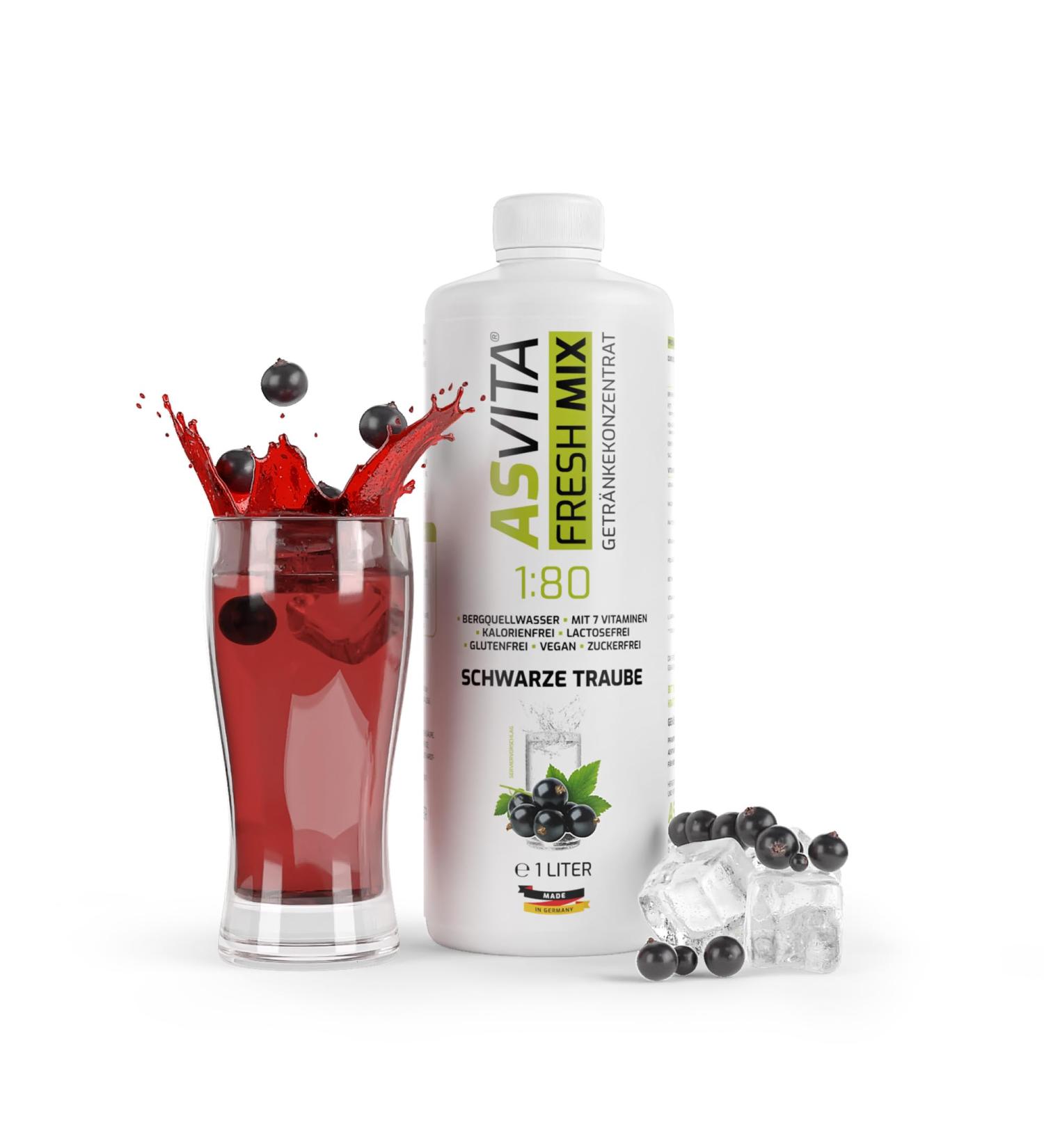 Asvita Beverage Concentrate Fresh Mix 1:80 - Sugar-Free Black Grape Syrup 1 Liter Bottle 26 Delicious Servings - Ideal for International Shipping - Buy Online on GoSupps.com