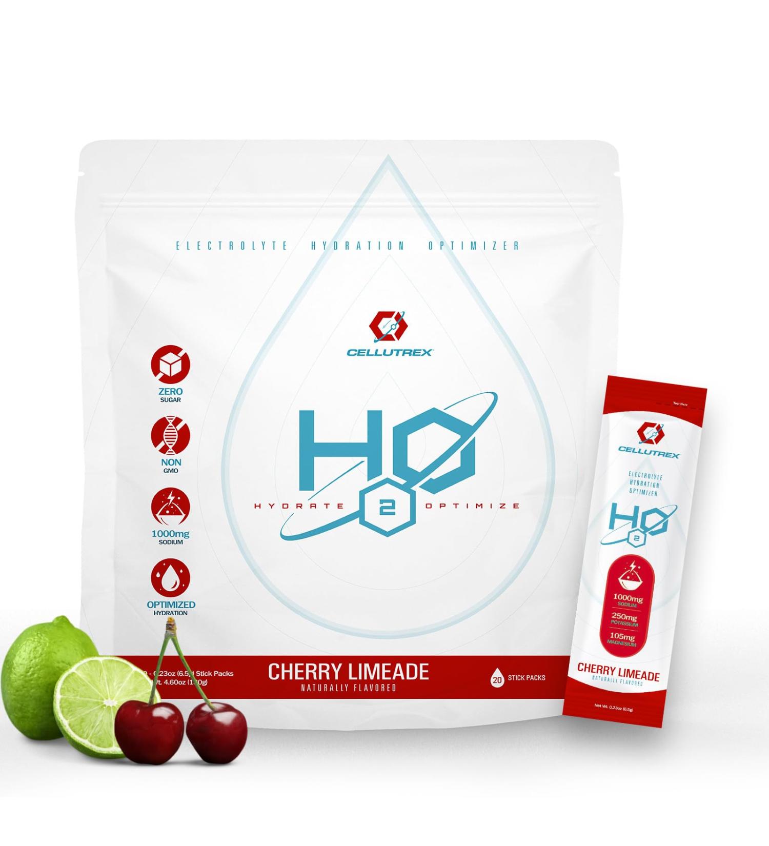 Cellutrex H2O Electrolytes Electrolyte Powder Drink Mix Zero Sugar Natural Salt Hydration Packets for Recovery and Wellness Cherry Limeade 20 Sticks - Buy Online on GoSupps.com