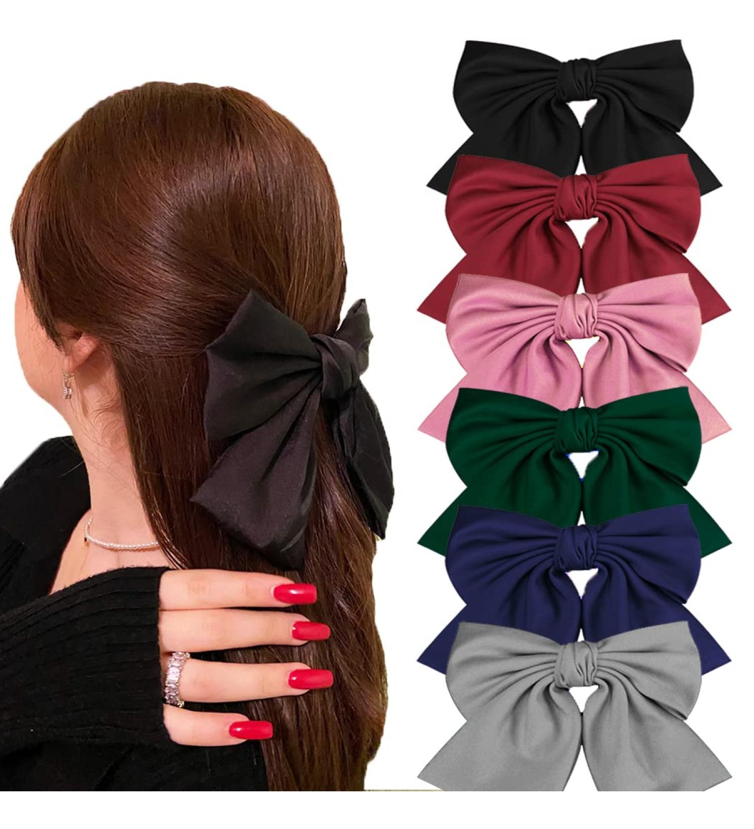 6 Pack Big Hair Bows for Women & Girls - Satin Ribbon Barrettes Hair Clips Set - Buy Online on GoSupps.com