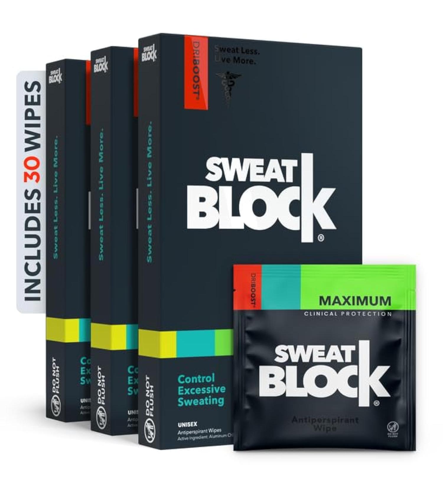 SweatBlock Antiperspirant Wipes - Maximum Clinical Strength - Treat Hyperhidrosis & Excessive Sweating for Men Women & Teens - up to 7 Days Protection Per Wipe - Dermatologist Tested - 30 Wipes 30 Count - Buy Online on GoSupps.com