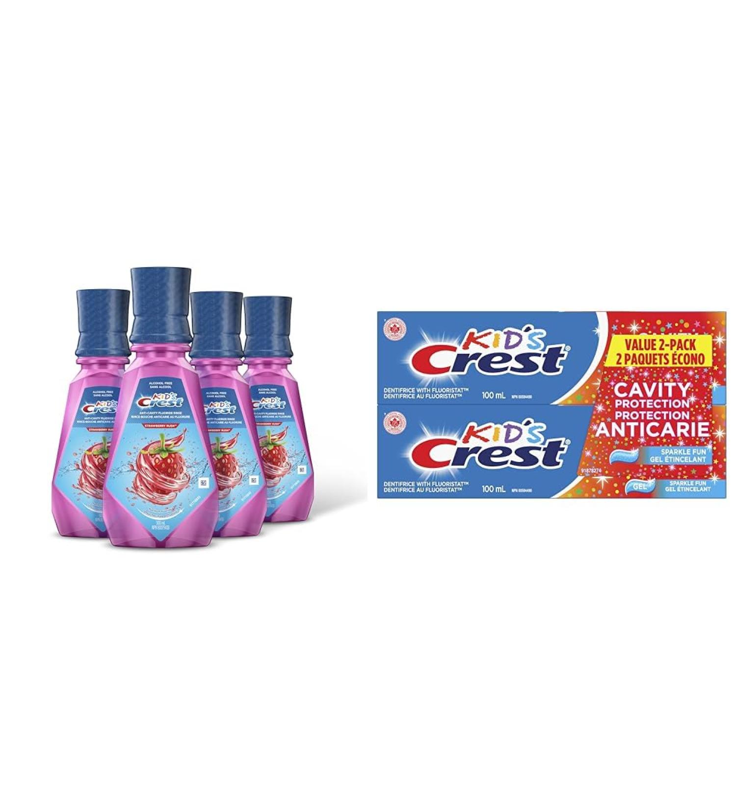 Crest Kid's Anticavity Mouthwash with Fluoride Alcohol Free Strawberry Rush 500 mL (Pack of 4) & Kid's Toothpaste Cavity Protection Sparkle Fun Gel 100 mL (Pack of 2) Mouthwash + Toothpaste - Buy Online on GoSupps.com