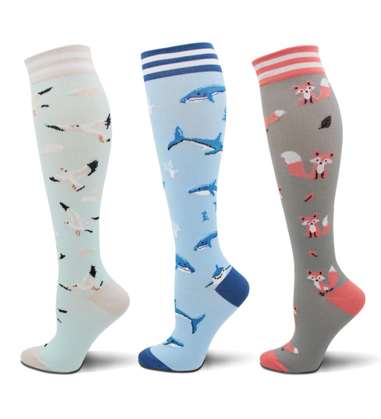 Fenglaoda Compression Stockings for Women - 15-25 mmHg Knee High Support Socks | Cute & Colorful 3 Pairs for Sports - Sizes L-XL - Buy Online on GoSupps.com