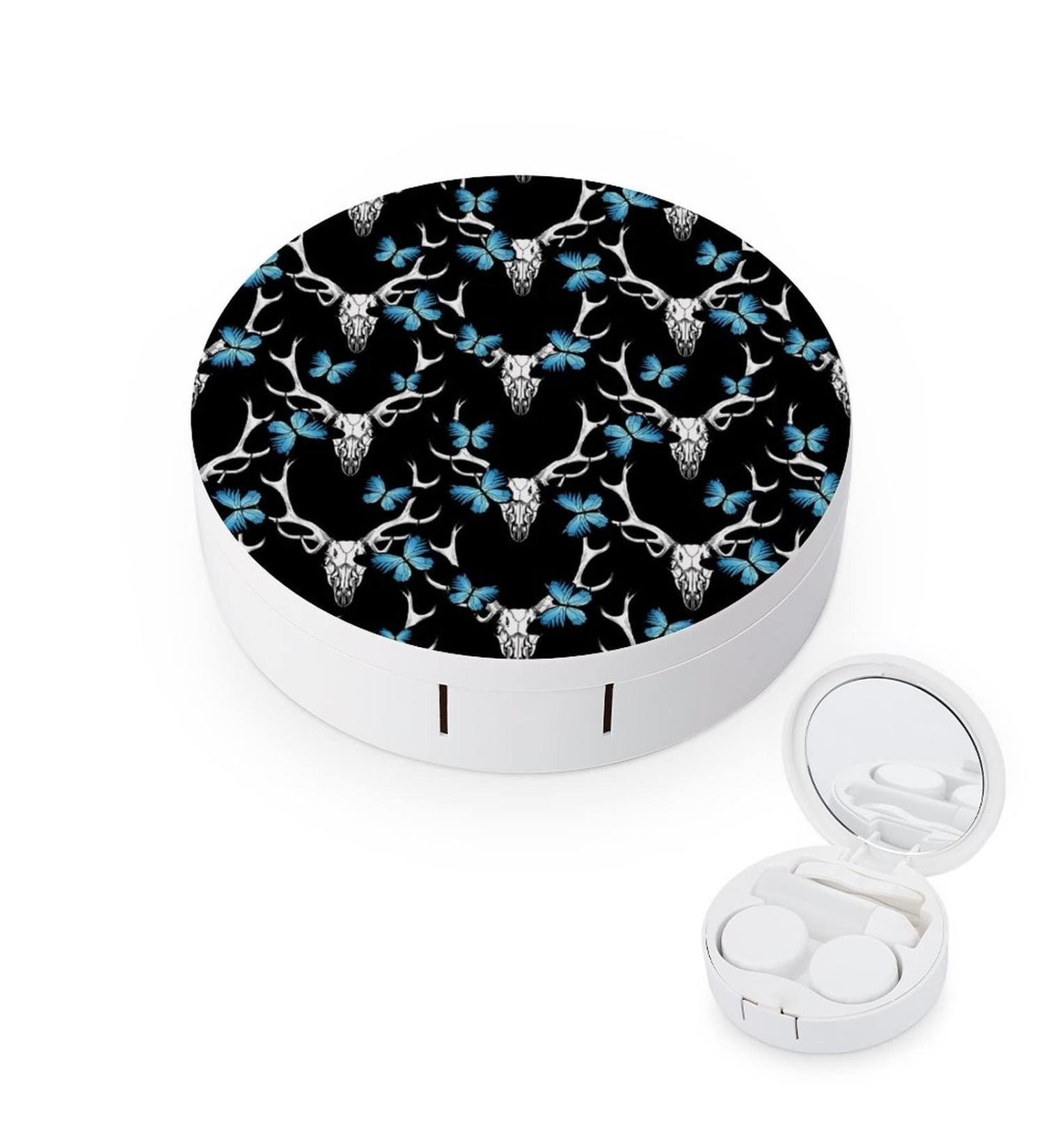 Deer Skull And And Blue Butterfly Round Case For Contact Lens Kit Storage Box with Mirror Printed - Buy Online on GoSupps.com