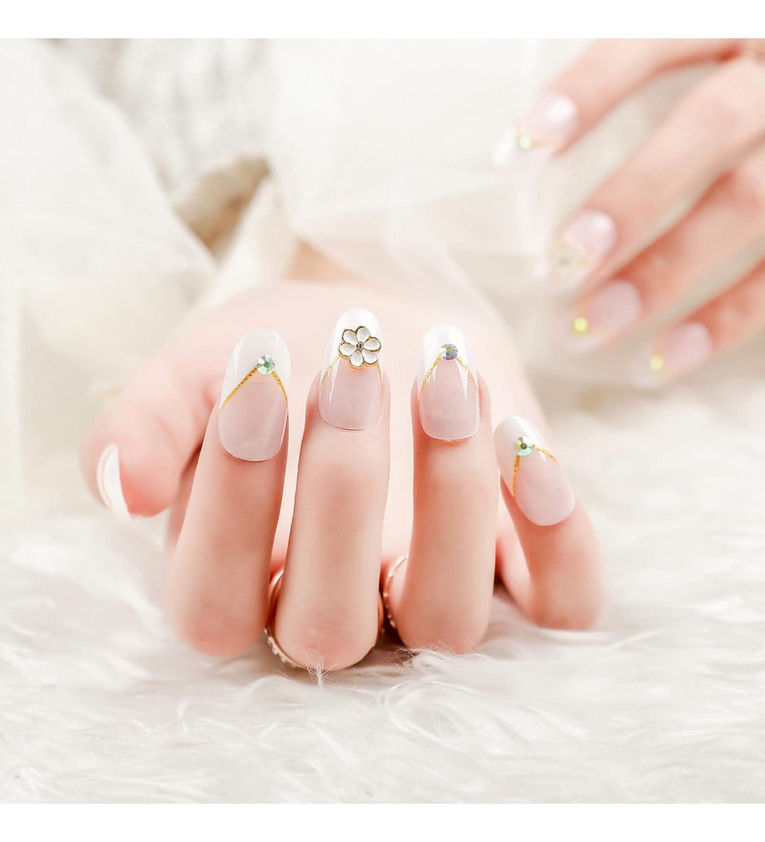 Justotry 3D Flower Oval Short False Nails - White French Press On Nails for Wedding - Nail Glue Included - Almond Medium Stick On Nails - Women's Nail Art - Buy Online on GoSupps.com