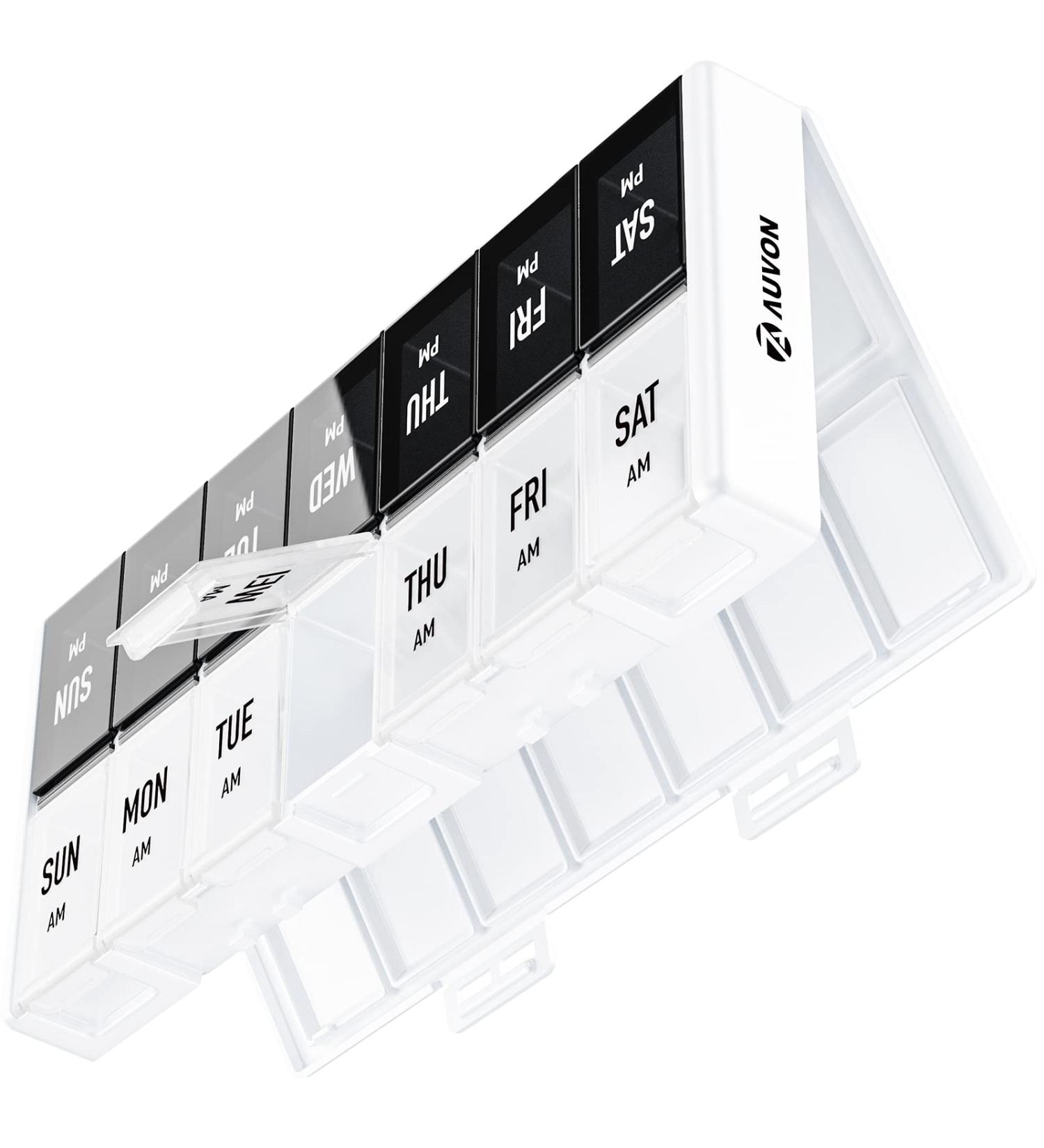 AUVON Weekly Pill Organizer 2 Times a Day - Large 7 Day Pill Box with Easy Refill - Day Night Pill Case for Vitamins, Supplements, Medications - A-white - Buy Online on GoSupps.com