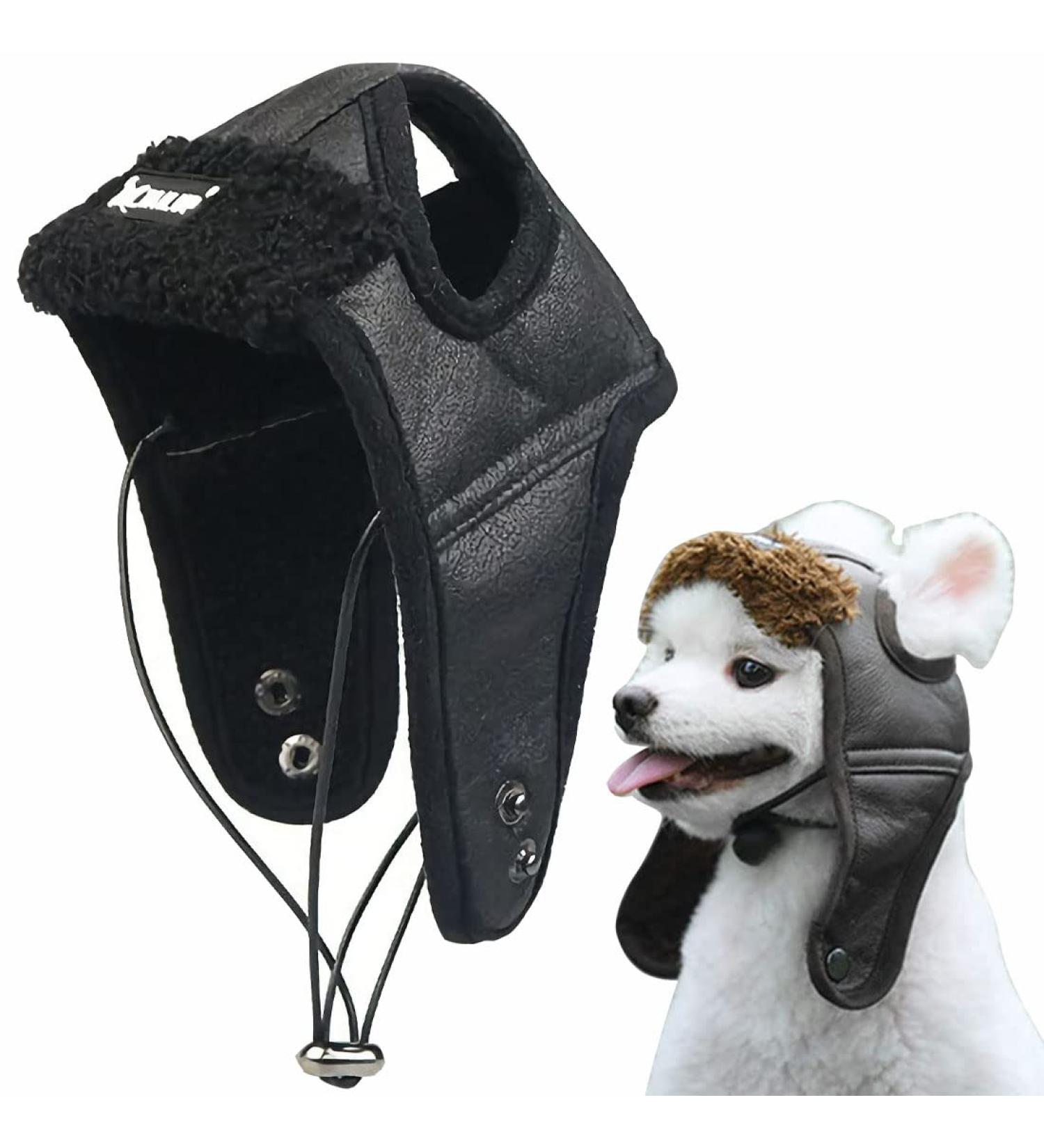 Itoda Winter Dog Trapper Hat with Ear Holes - Adjustable PU Leather Pet Cap for Cold Weather Protection - Warm Flying Cap for Dogs & Cats - Buy Online on GoSupps.com