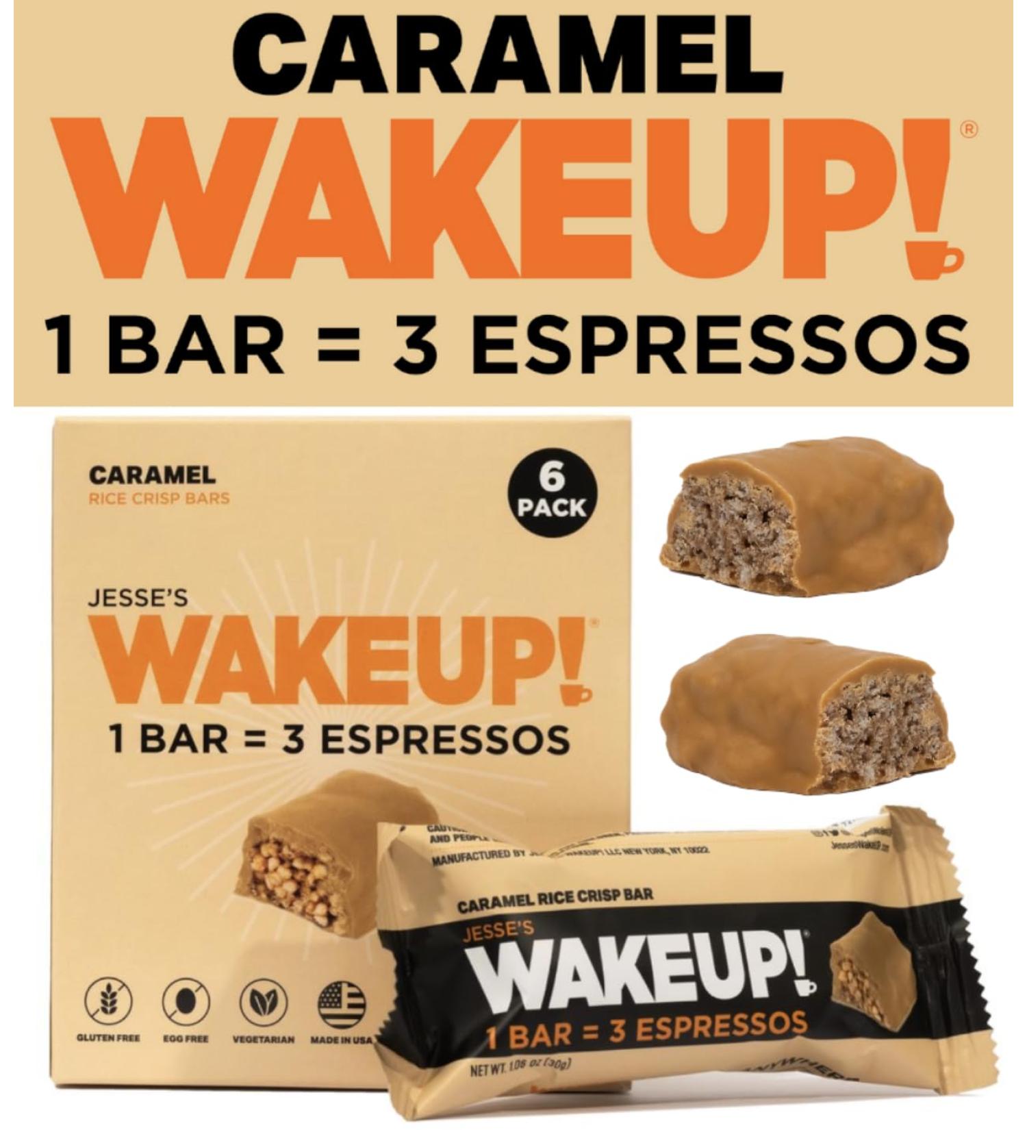 WAKE UP! Caffeinated Caramel Protein Bars - Gluten Free Vegetarian 350mg Caffeine (Pack of 6) - Boost Focus & Clarity - Kosher Snack - Buy Online on GoSupps.com