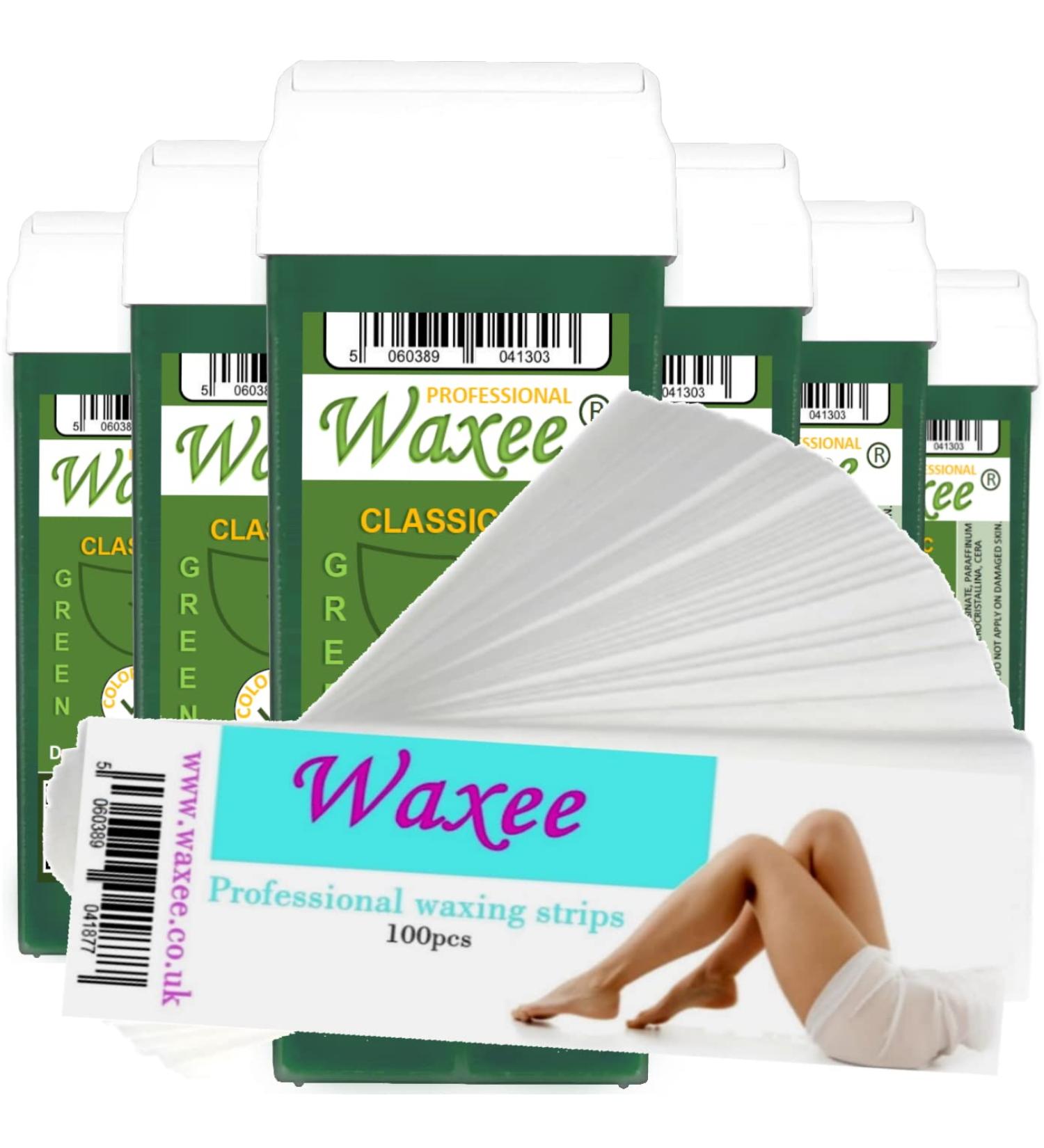 6x 100ml roll on wax roller wax cartridge + 100 strips Body & Leg waxing Classic Green from UK Brand- Waxee
