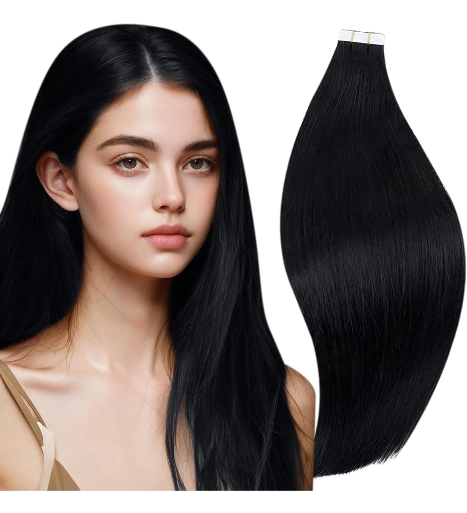 Buy Runatur Real Hair Extensions Tape in Black - 65cm Invisible 20 Pieces 50g Human Hair #1 - Buy Online on GoSupps.com