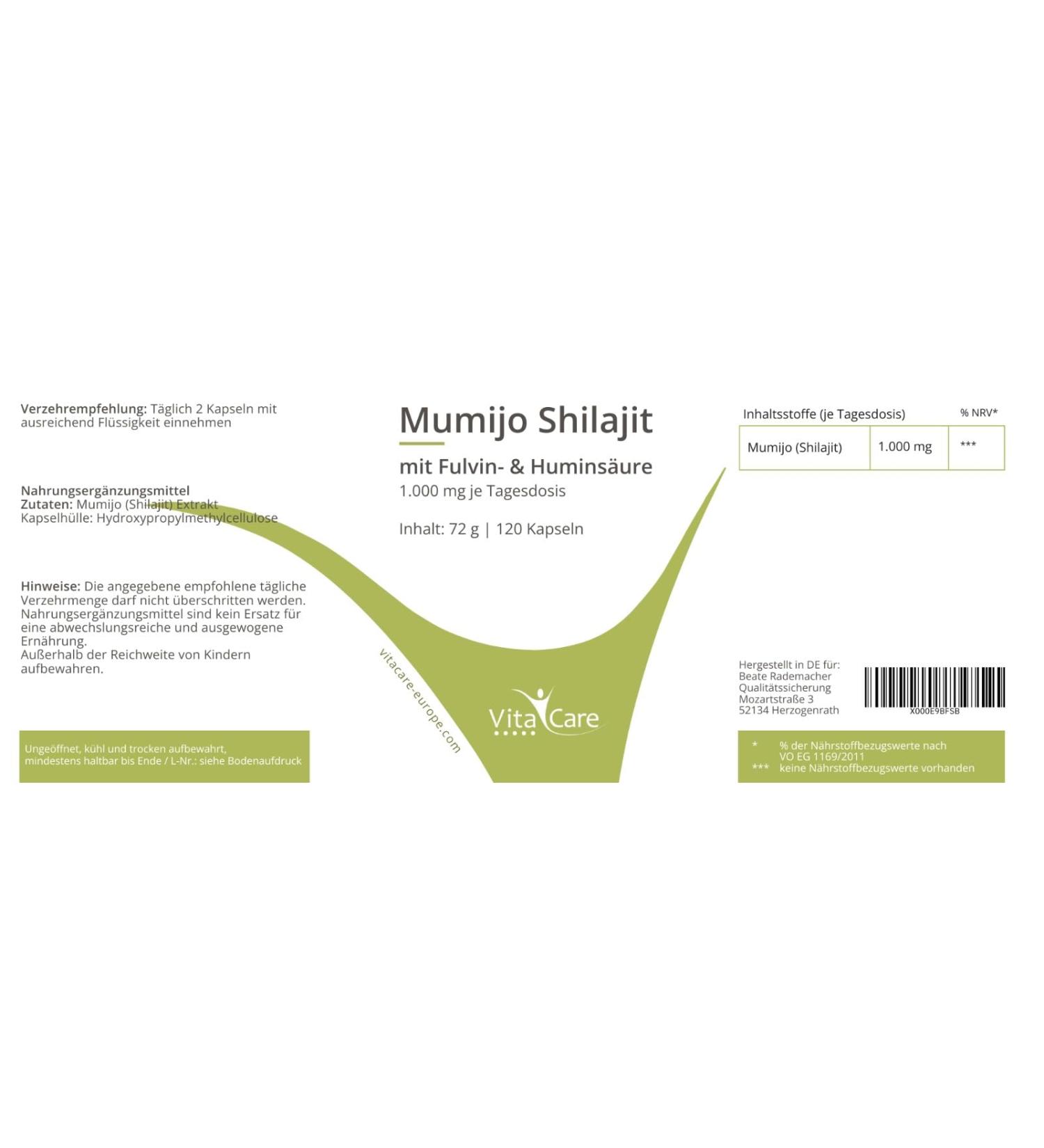 Vitacare VitaCare Mumijo Shilajit 120 Vegan Highly Dosed Softgels with 100% Pure Himalayan Shilajit Extract 1000mg per Daily Dose w