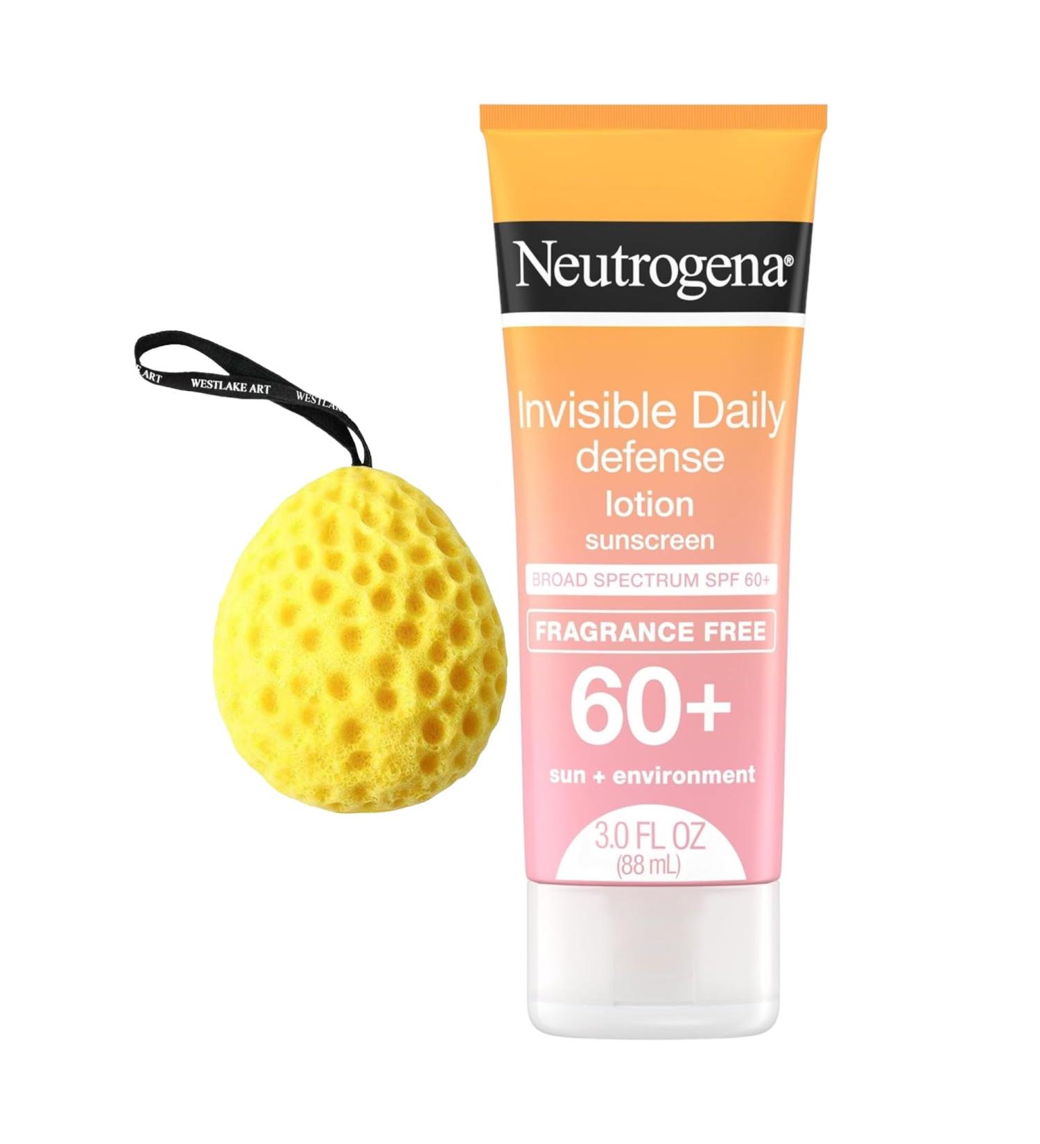 Buy Invisible Daily Defense Sunscreen Cream - SPF 60+ Fragrance-Free Lightweight & Water-Resistant Lotion for Sensitive Skin - 3 oz with Bath Sponge - Buy Online on GoSupps.com