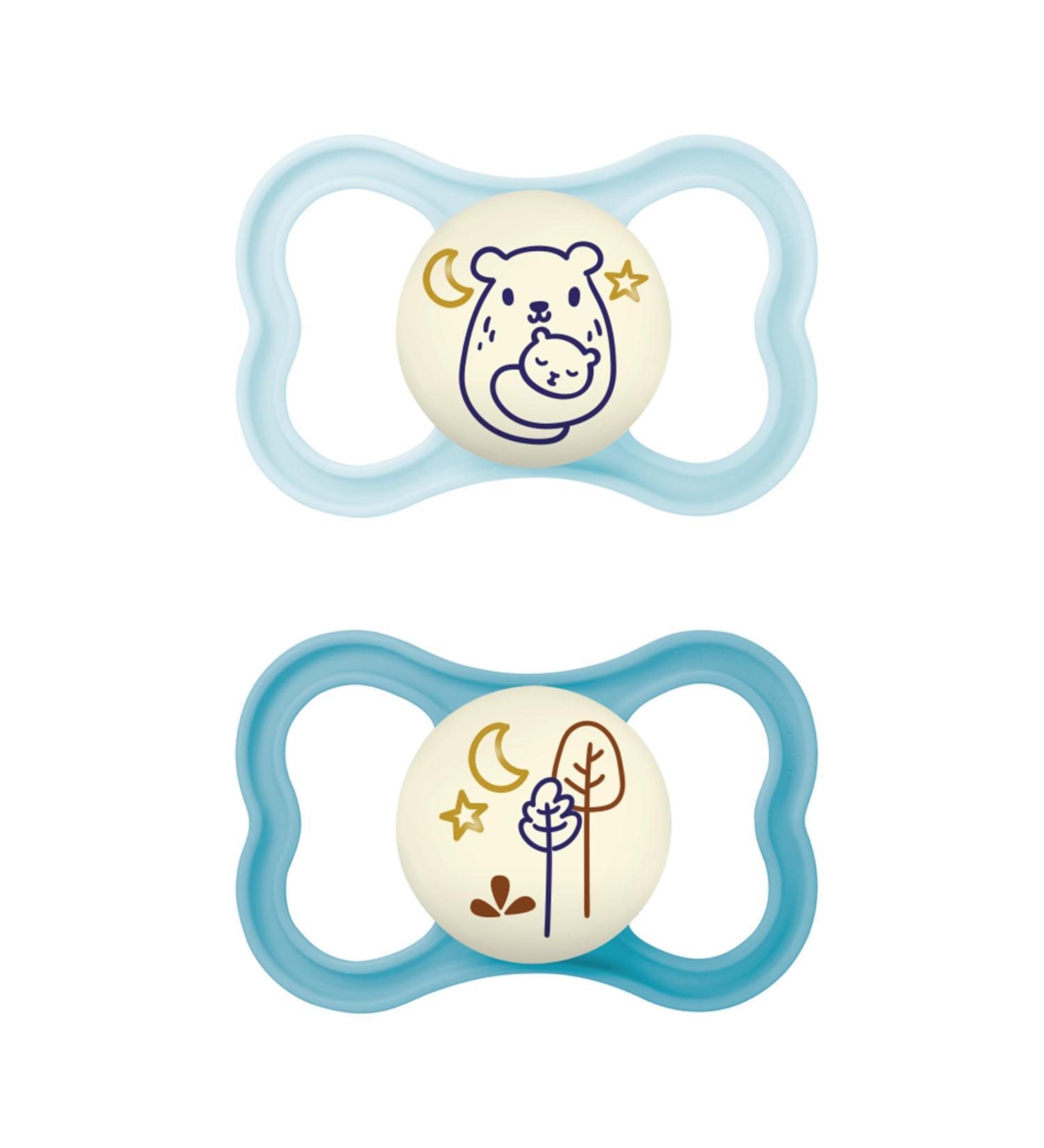 MAM Rubber Air Night Soothers 16+ Months (Pack of 2) Glow in The Dark Baby Soothers with Self Sterilising Travel Case Newborn Essentials Blue (Designs May Vary). Latex Blue Air Night 1 12+ M Soother - Buy Online on GoSupps.com