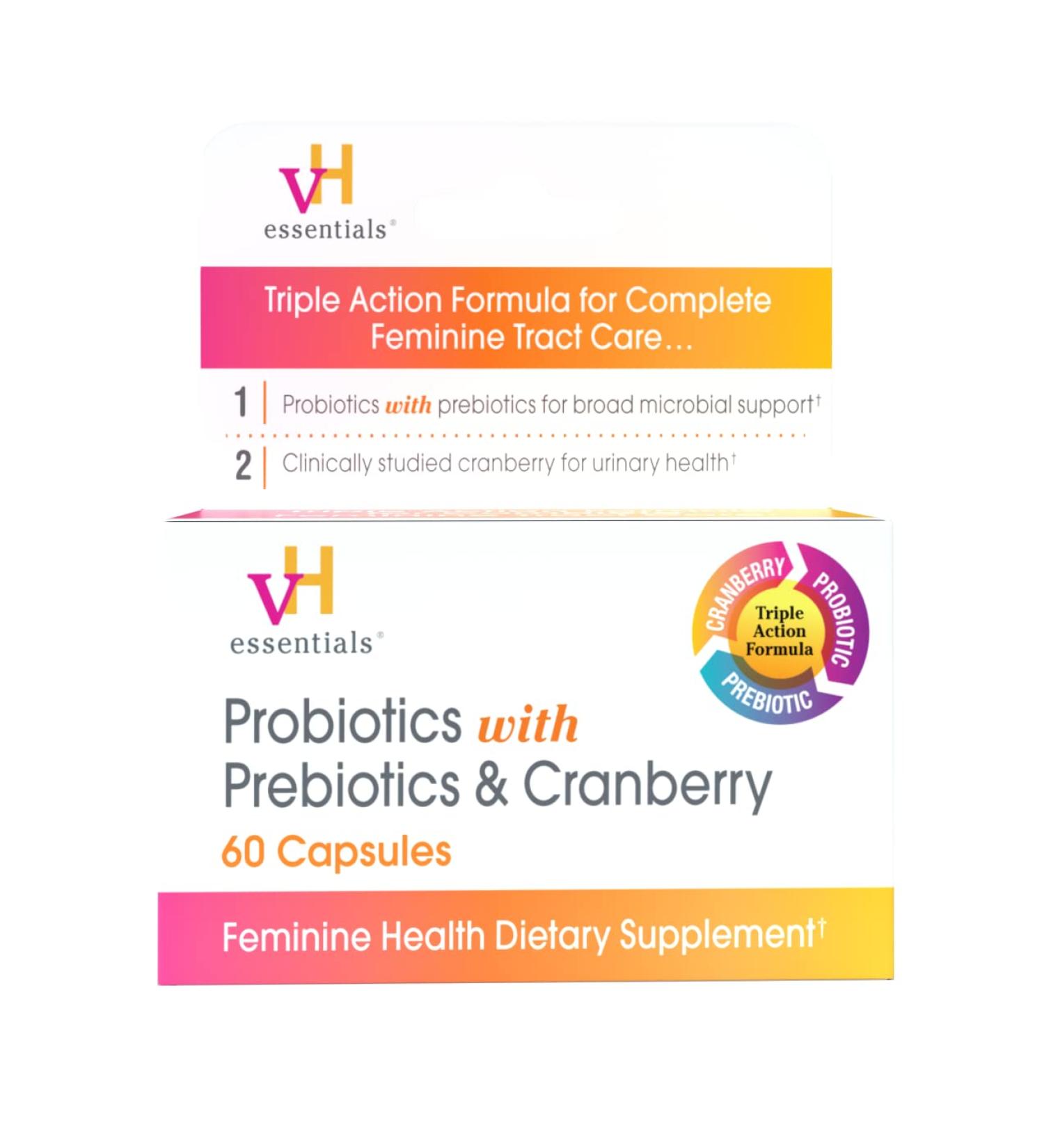 vH essentials Probiotics with Prebiotics and Cranberry Feminine Health Supplement - 60 Capsules - Buy Online on GoSupps.com