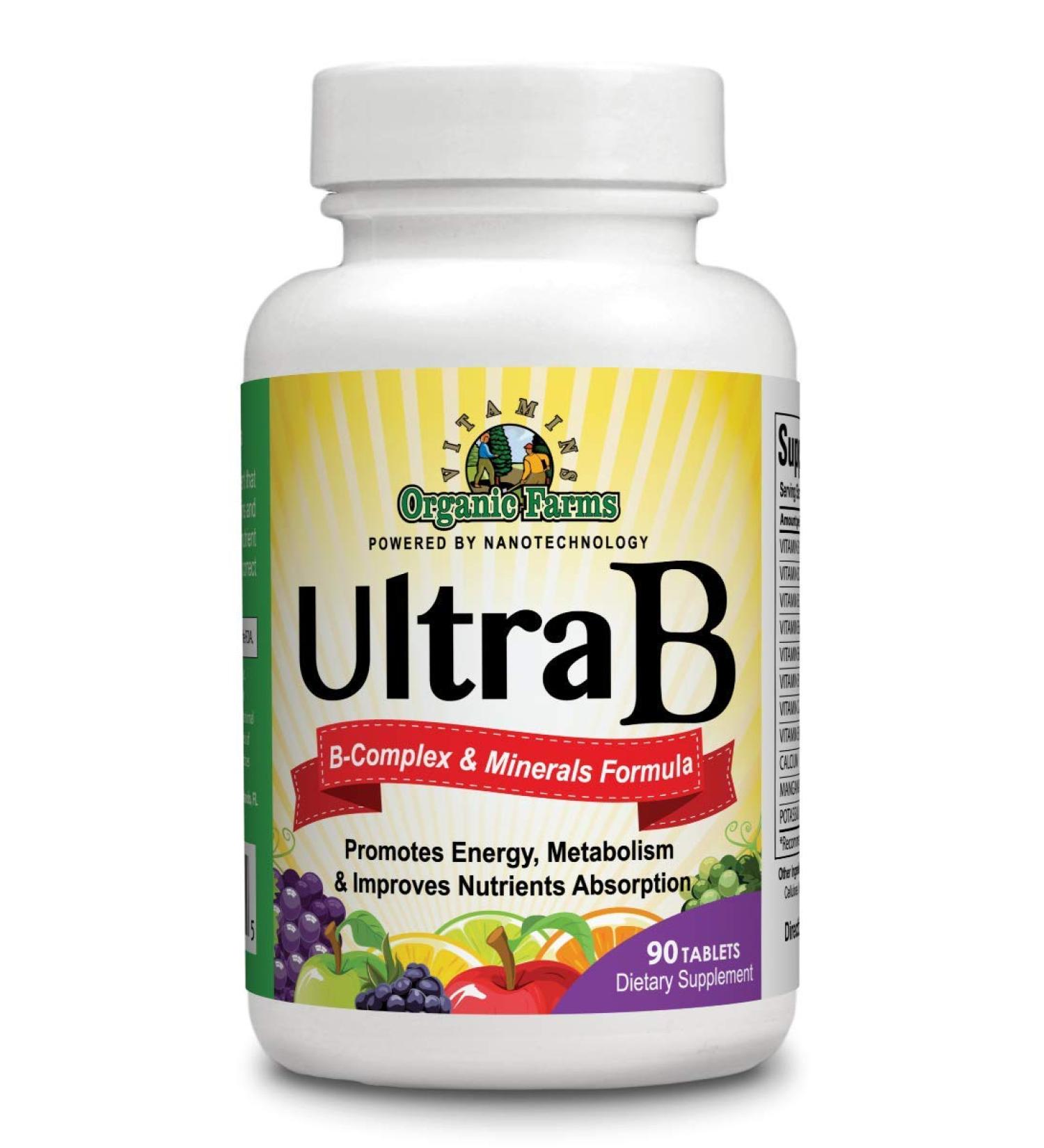 Organic Farms Vitamins Ultra B Complex & Minerals - 90 Tablets - 100% Natural Dietary Supplement