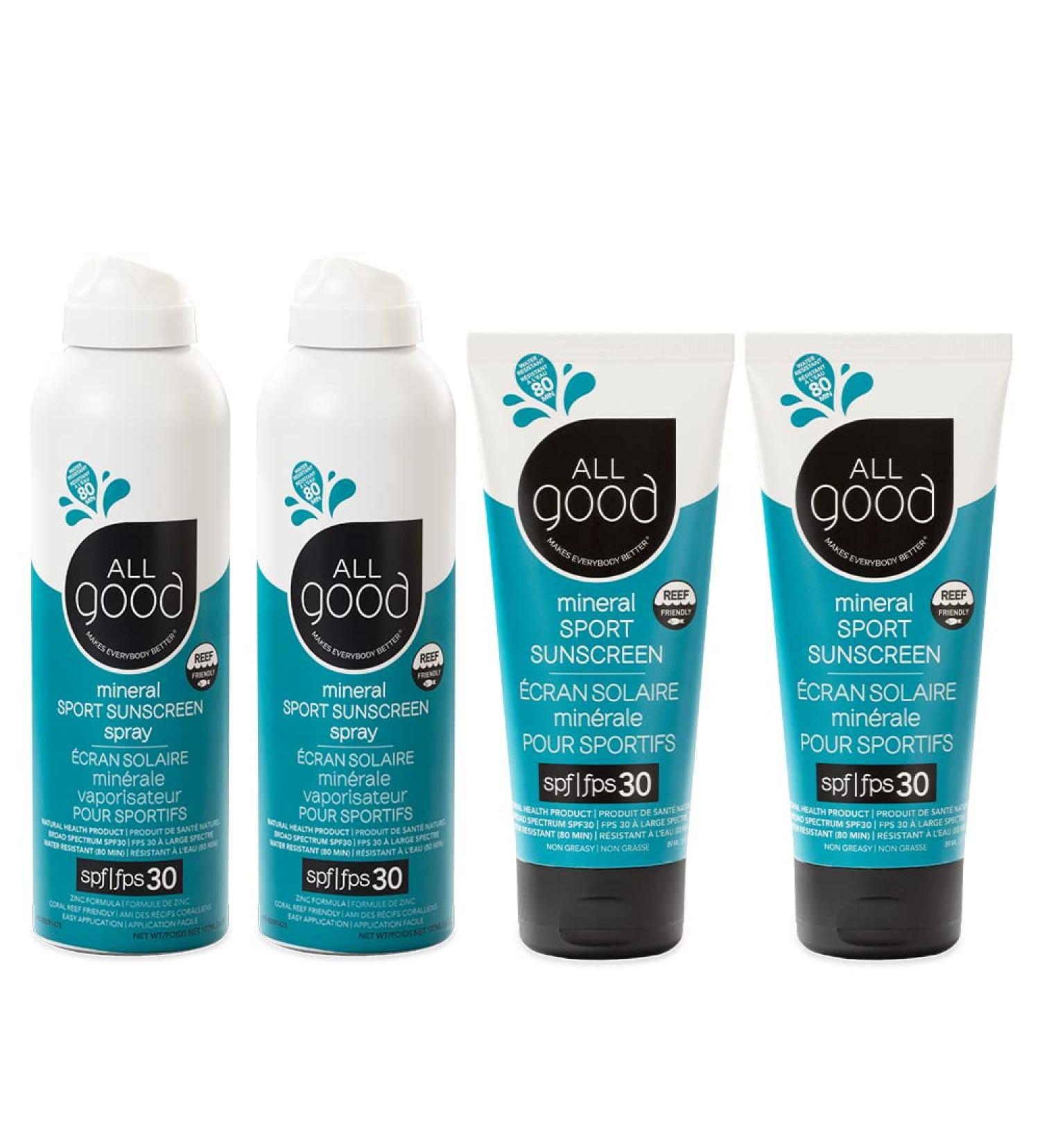 All Good Sport Sunscreen 30 SPF 4-Pack - UVA/UVB Broad Spectrum, Water Resistant, Coral Reef Friendly - (2) Sprays & (2) Lotions - Buy Online on GoSupps.com
