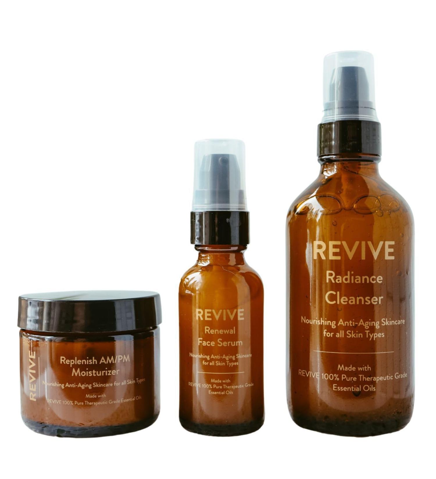 REVIVE Skin Health 3-Step Skincare Collection - Radiance Cleanser Renewal Serum & Replenish AM/PM Moisturizer | Non-Toxic Essential Oil Blend | Shop Internationally - Buy Online on GoSupps.com