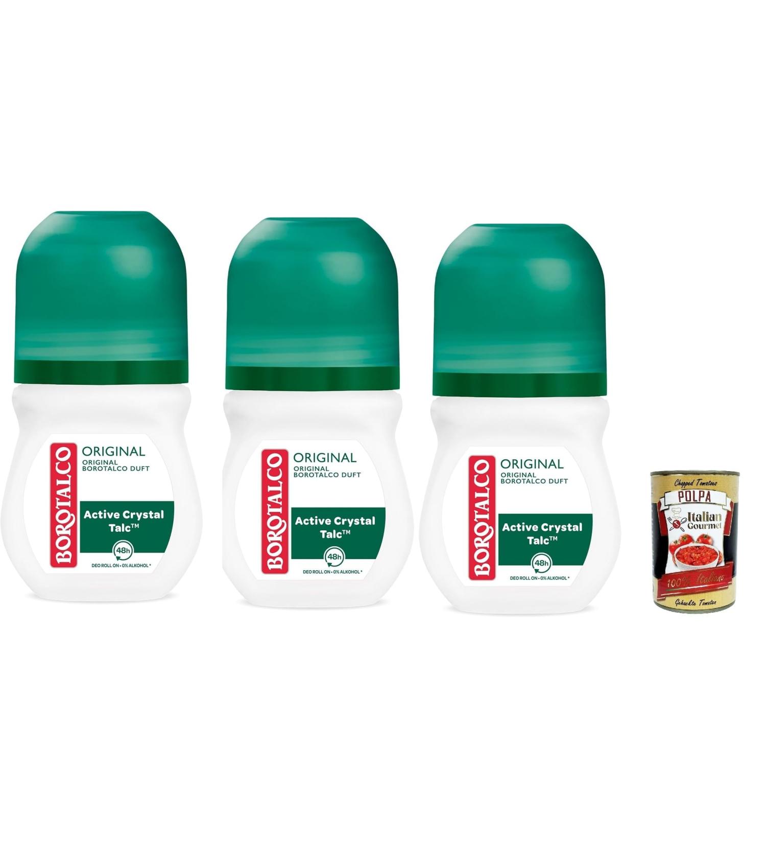 Italian Gourmet E.R. Borotalco Original Roll-On Deodorant with Talc with Active Crystals Triple Protection Dry Alcohol Free Borotalco Scent - 3 x 50 ml + Italian Gourmet Polpa 400 g