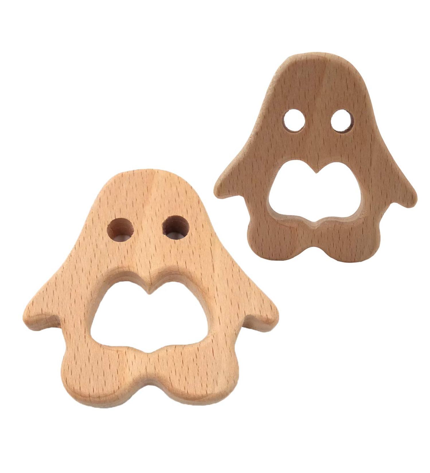 Alenybeby 2 Pieces Bio Wood Penguin Teether | Natural Beech Wood Handmade Gripping Pattern Eco-Friendly DIY Pacifier Chain Trailer - Buy Online on GoSupps.com