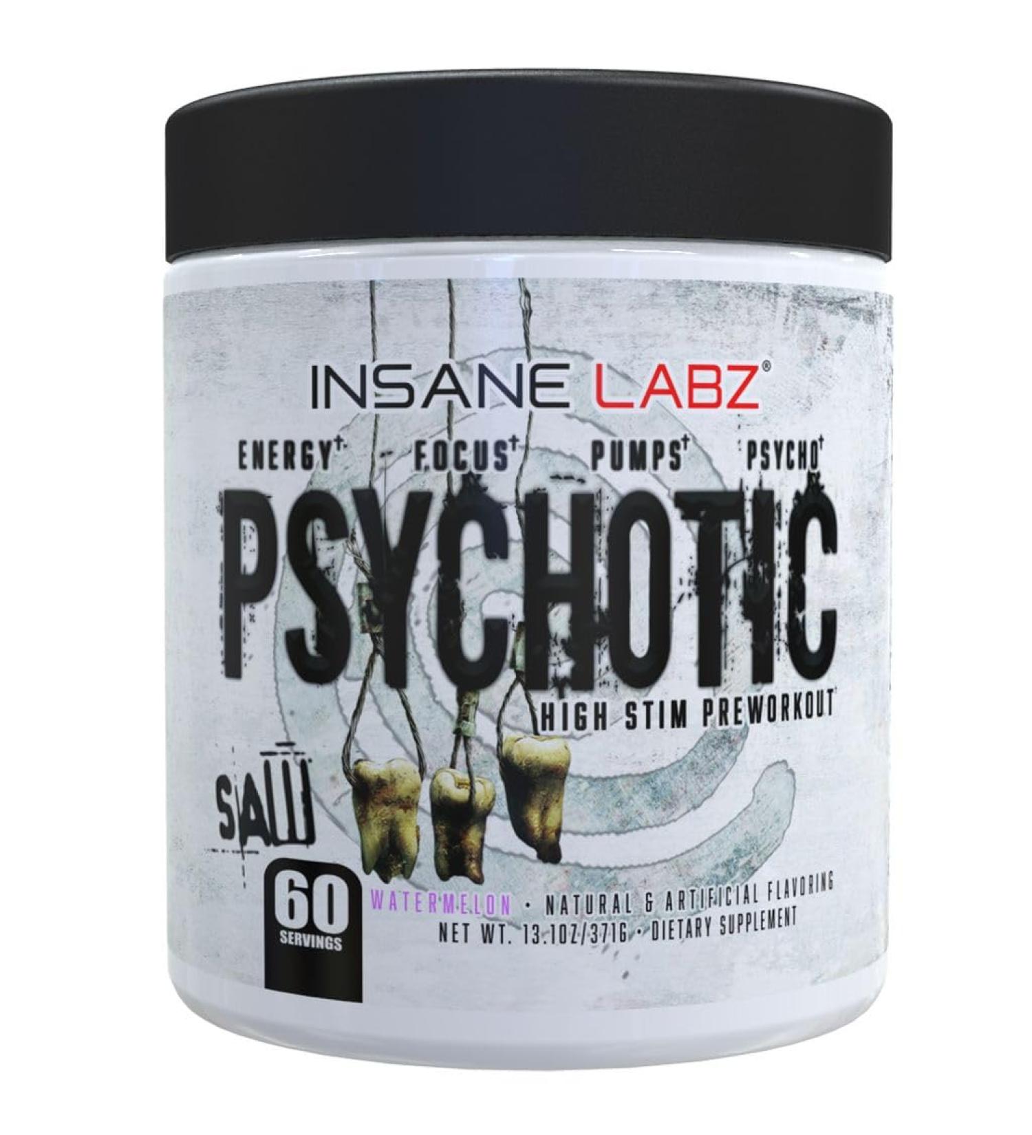 Insane Labz Psychotic Saw High Stim Pre Workout Powder with OxyGold and AMPiberry Extreme Lasting Energy with Teacrine Focus with CognitIQ and Endurance (60 Servings Watermelon) - Buy Online on GoSupps.com