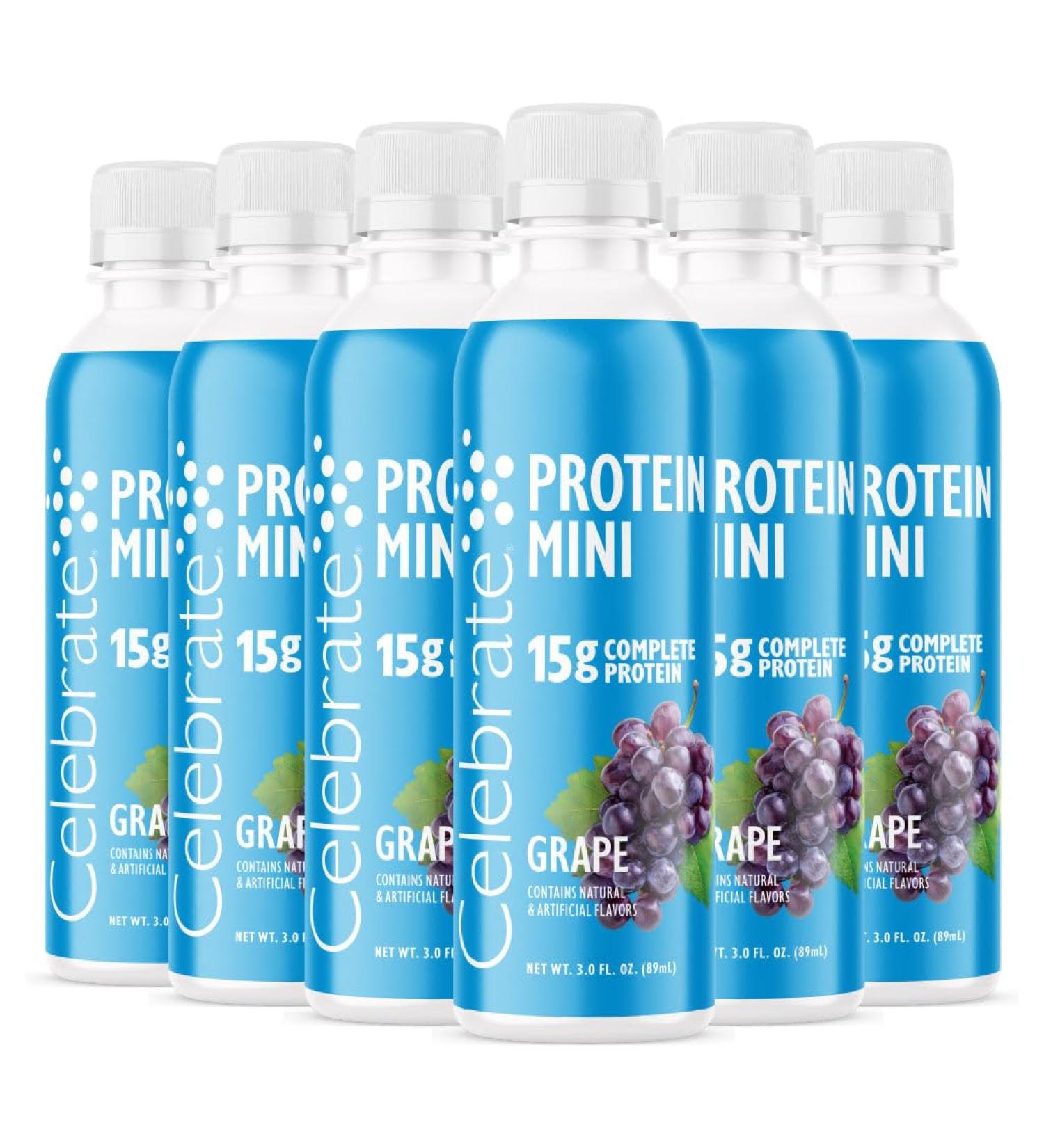 Celebrate Vitamins Mini Protein Drinks - Ready to Drink 15g Complete Protein BCAAs Amino Acids and Hydrolyzed Collagen - Zero Carbs Gluten Free Sugar Free & Fat Free - 3 Fl Oz Each Grape 3 Fl Oz (Pack of 6) - Buy Online on GoSupps.com