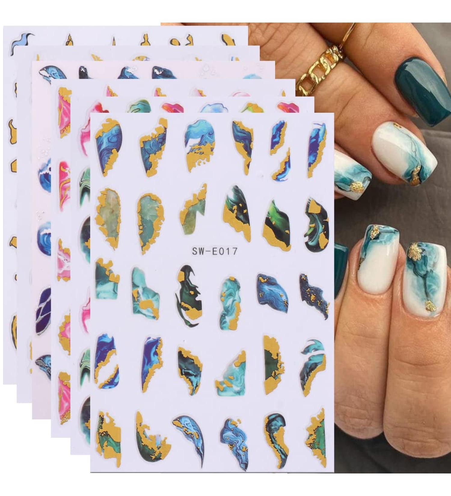 Marble Nail Art Stickers Decals Cyan Blue Gold Stripe Line - 6 Sheets - Buy Online on GoSupps.com
