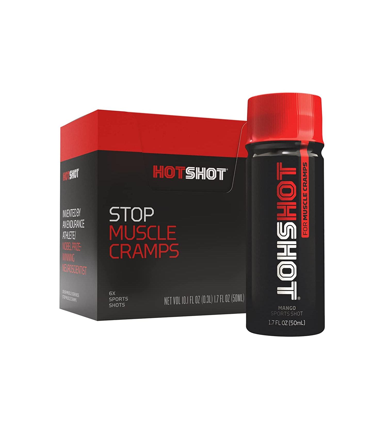 HOTSHOT Sports Shot Muscle Cramp Relief  All Natural  Works in Minutes  Scientifically Proven  Drink for Leg  Calf  Foot  and Night Cramps  Proudly NSF Certified for Sport  Gluten free  GMO Free (Spicy Mango) (1.7 Fl Oz) (Pack of 6) - Buy Online on GoSupps.com