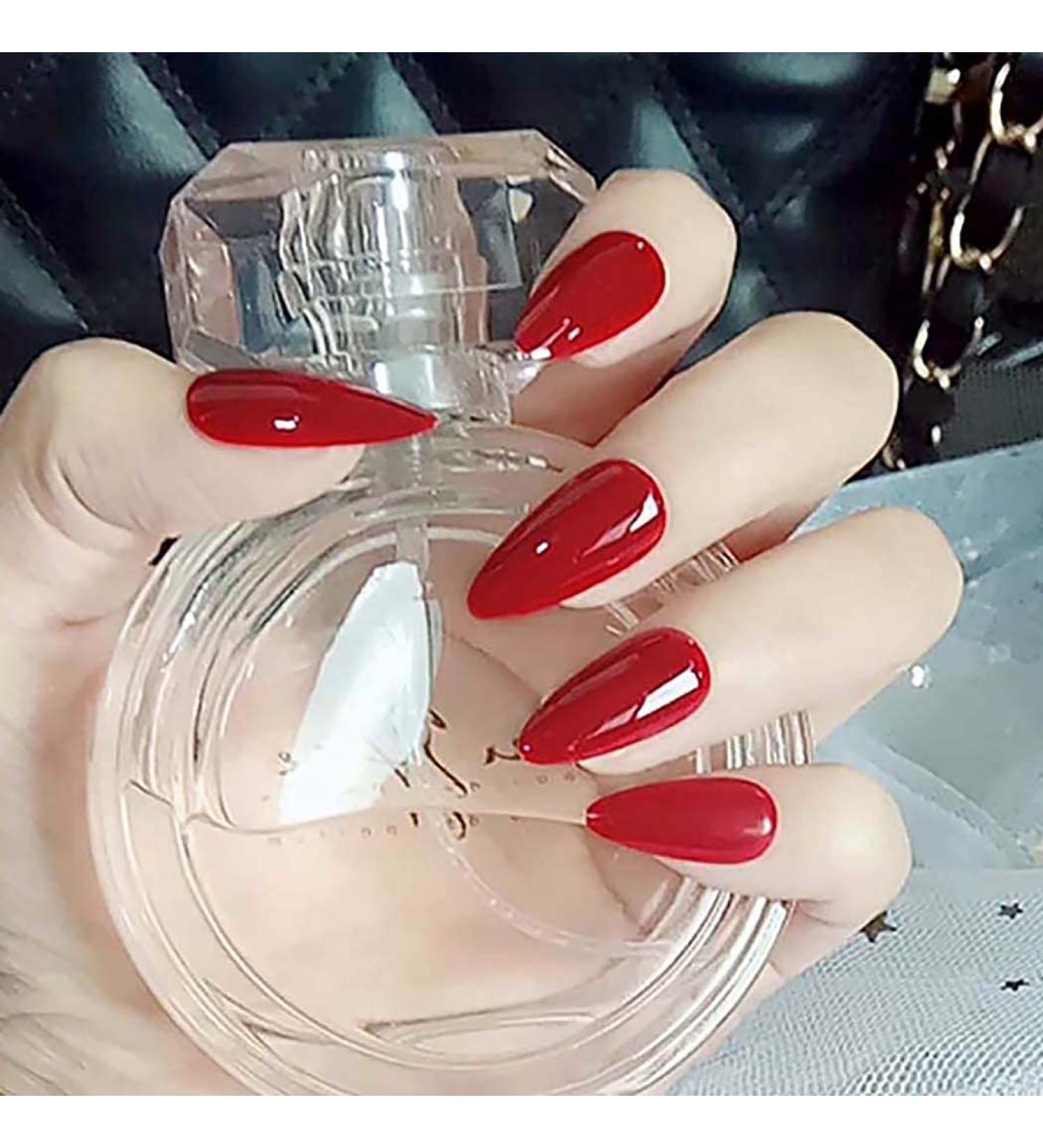 Bomine Long Red Stiletto Fake Nails - 24Pcs Full Cover Acrylic False Nails for Women & Girls, Glossy Manicure Party Tips - Buy Online on GoSupps.com