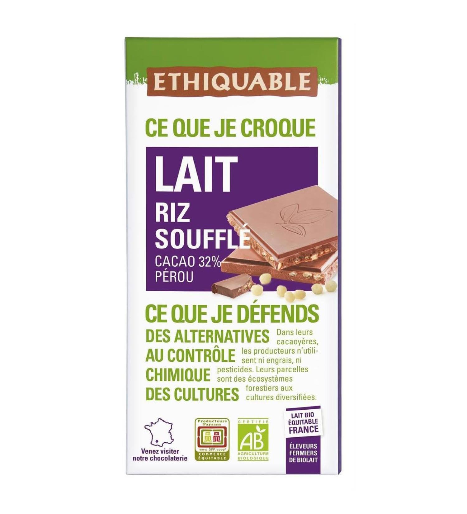G n rique ETHIQUABLE - Ethiquable Organic Peruvian Puffed Rice Milk Chocolate 100g - 100g - Pack of 3 - Sold in Packs