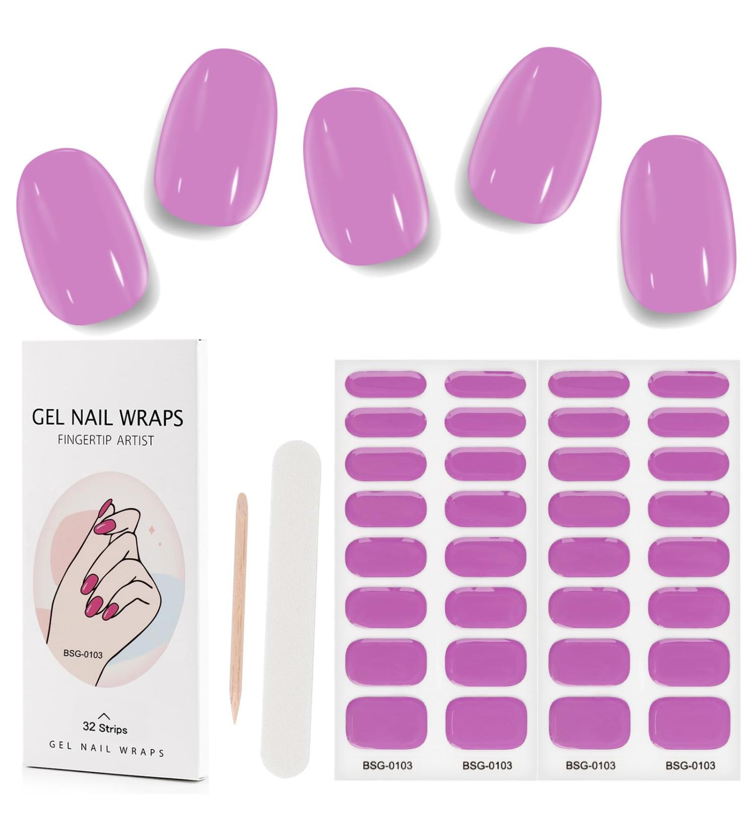 Kalolary 32PCS Cured Gel Nail Polish Strips Adhesive Full Wrap Gel Nail Art Sticker Waterproof Gel Nail Wrap Stickers with Nail File and Stick(UV/LED Lamp Required) (Purple) - Buy Online on GoSupps.com