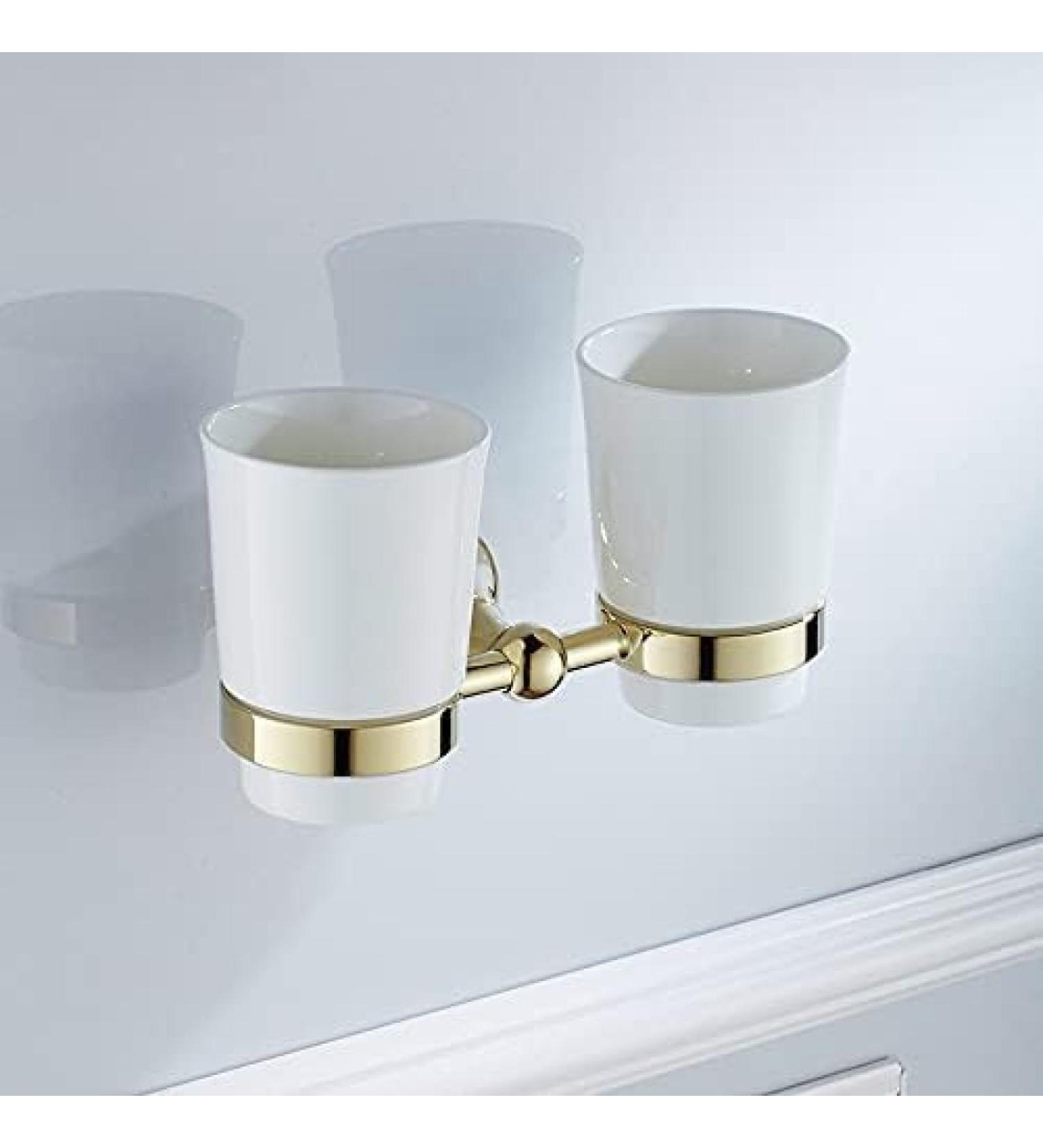 Buy Double Toothbrush Holder - Wall-Mounted Ceramic Cup Organizer | Brushed Gold Bathroom Storage | Colle - Buy Online on GoSupps.com