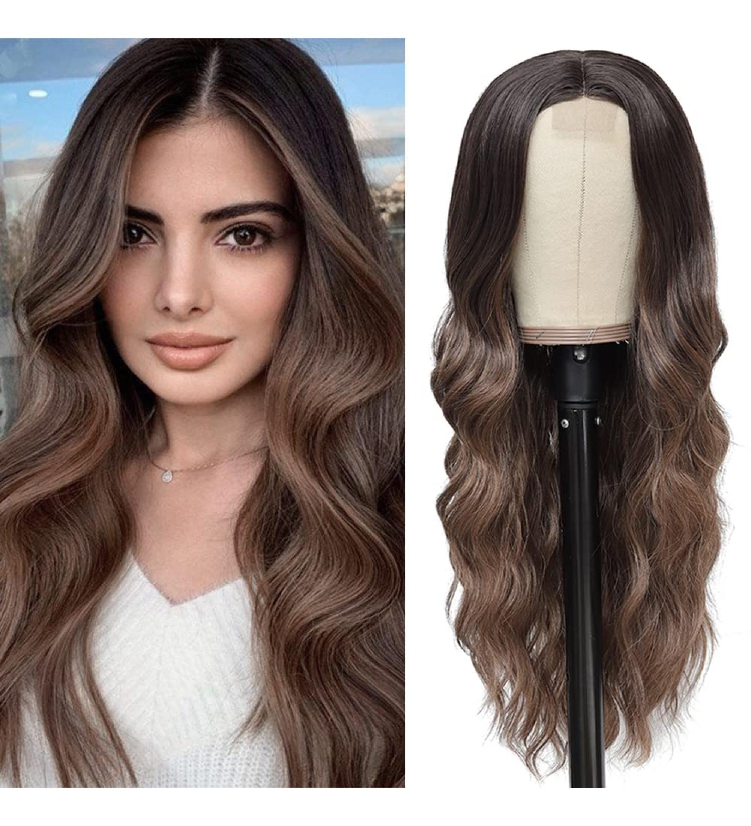26'' Ombre Brunette Long Wavy Wig - Premium Fiber Natural Hair Replacement for Women - Ideal for Daily Wear, Parties, Cosplay & Halloween - Buy Online on GoSupps.com