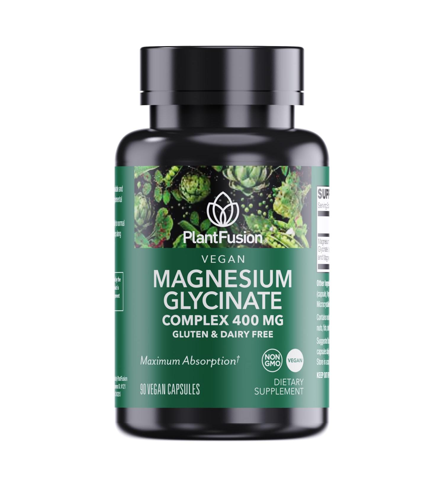 PlantFusion Vegan Magnesium Glycinate Complex 400 mg - High Absorption & Bioavailability - Chelated - Supports Muscle Relaxation Sleep Cardio Health Stress Relief and Energy Production - Non GMO - Buy Online on GoSupps.com