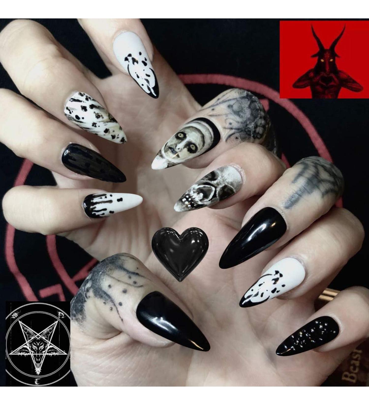 24Pcs Medium Stiletto Black Skull Fake Nails | Punk Full Cover Press on Nails for Women/Girls - 005-CRJ-H - Buy Online on GoSupps.com