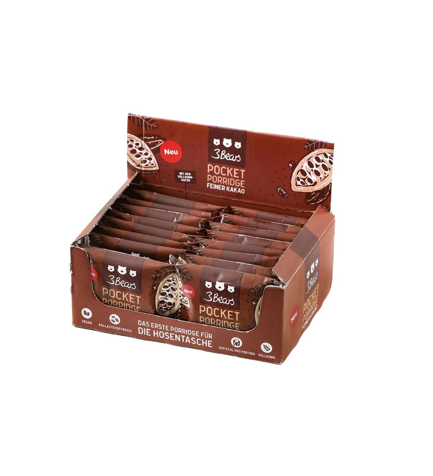 3bears Pocket Porridge Fine Kocao - 16x55g Vegan Cereal Bars | Healthy Chocolate Snack Fiber Whole Grain Oat Bar for Breakfast - Buy Online on GoSupps.com