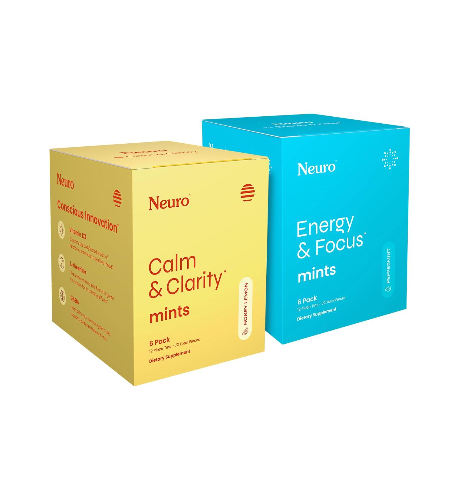Neuro Mood & Energy Duo Calm & Clarity Mints (Honey Lemon 72 ct) + Energy & Focus Mints (Peppermint 72 ct) GABA L-Theanine Caffeine Vitamins for Stress Relief & Mental Focus - Buy Online on GoSupps.com