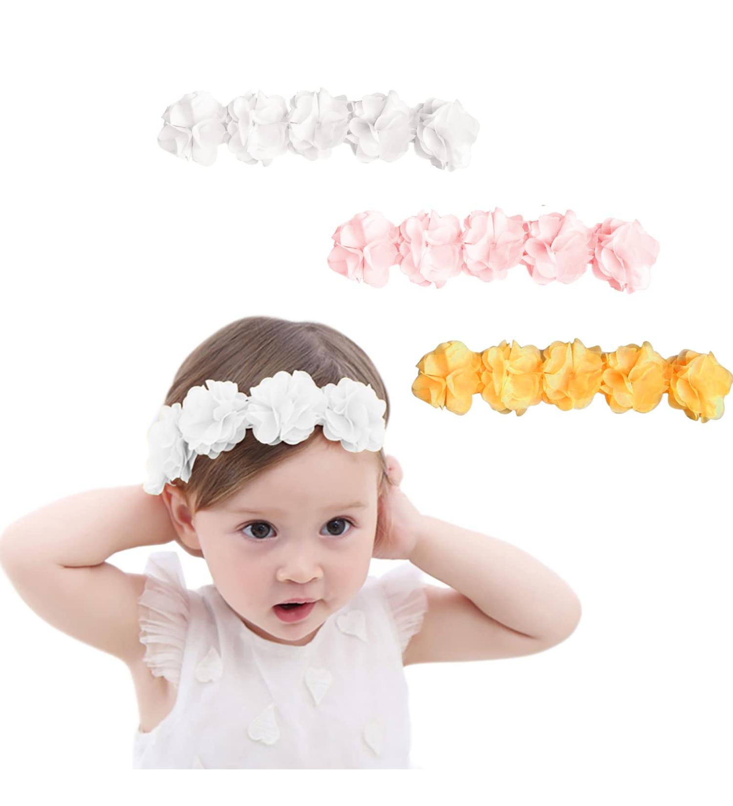 Fmeida Baby Girls Flower Headbands Set | Stretchy Soft Infant Hair Accessories for 4-24 Months | Floral Birthday Headbands in White, Pink, Yellow - Buy Online on GoSupps.com