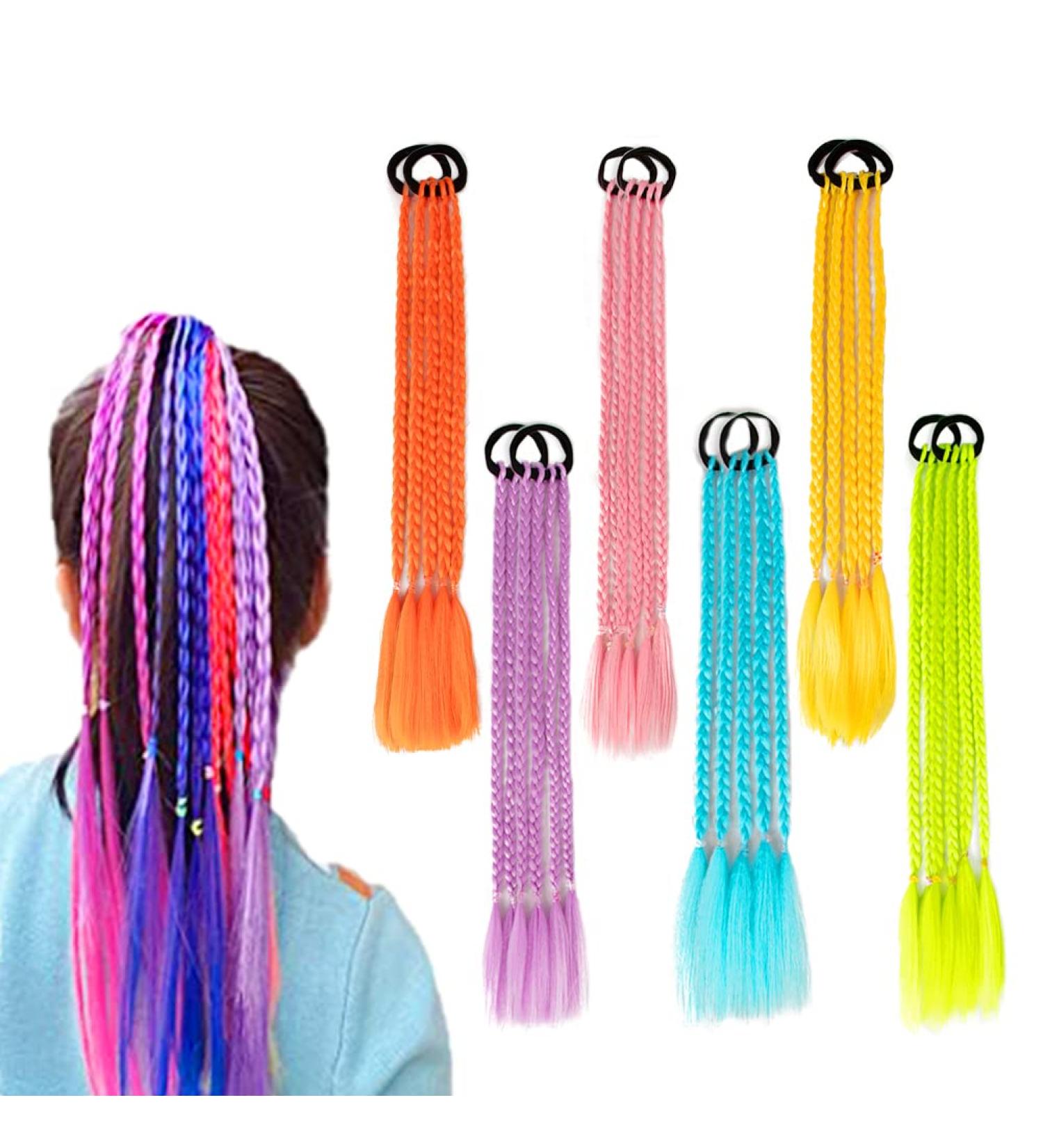 12-Piece Girls Hair Extension Accessories - Colored Braids Ponytail with Rubber Bands | 18 Inch Braided Hairpiece for Kids - Colorful Extensions in 6 Monochromatic Shades - Buy Online on GoSupps.com