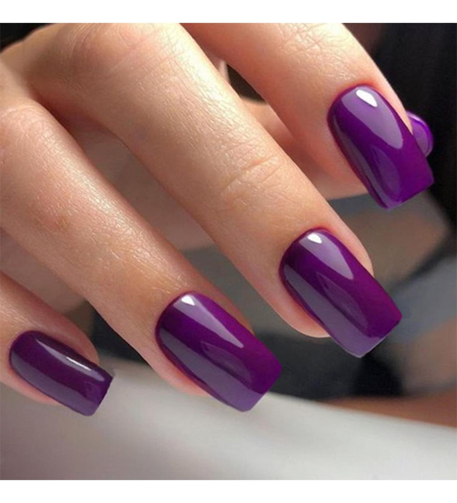 Purple Press on Nails - Short Square Acrylic False Nails | 24pcs Stylish Designs | Glossy Full Cover Stick-On Nails for Women - Buy Online on GoSupps.com