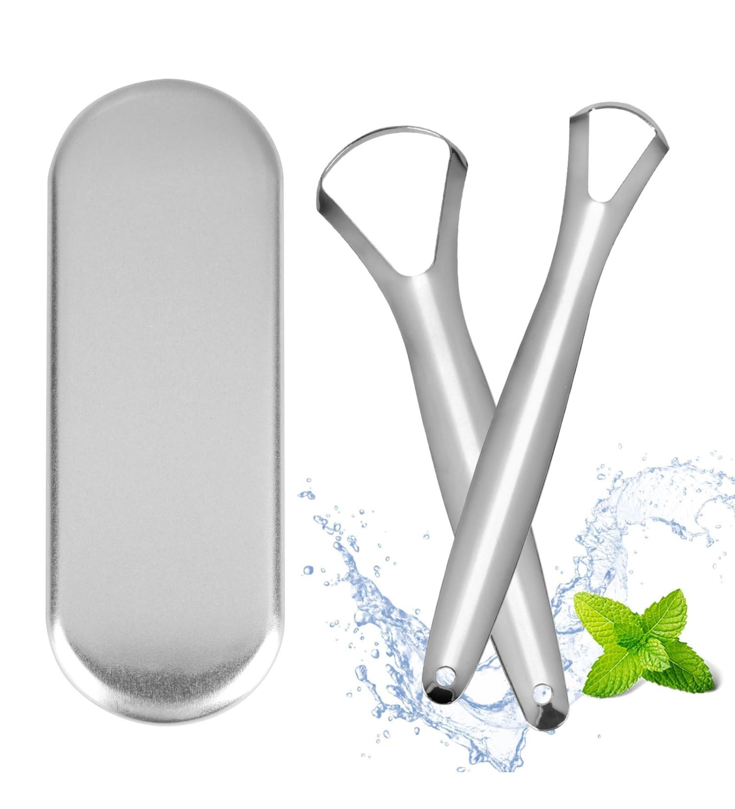 Metal Tongue Scraper Set - 2 Pcs Stainless Steel Tongue Cleaners for Adults & Kids | Portable Oral Care Tool | Reduce Bad Breath | Iron Case Included - Buy Online on GoSupps.com