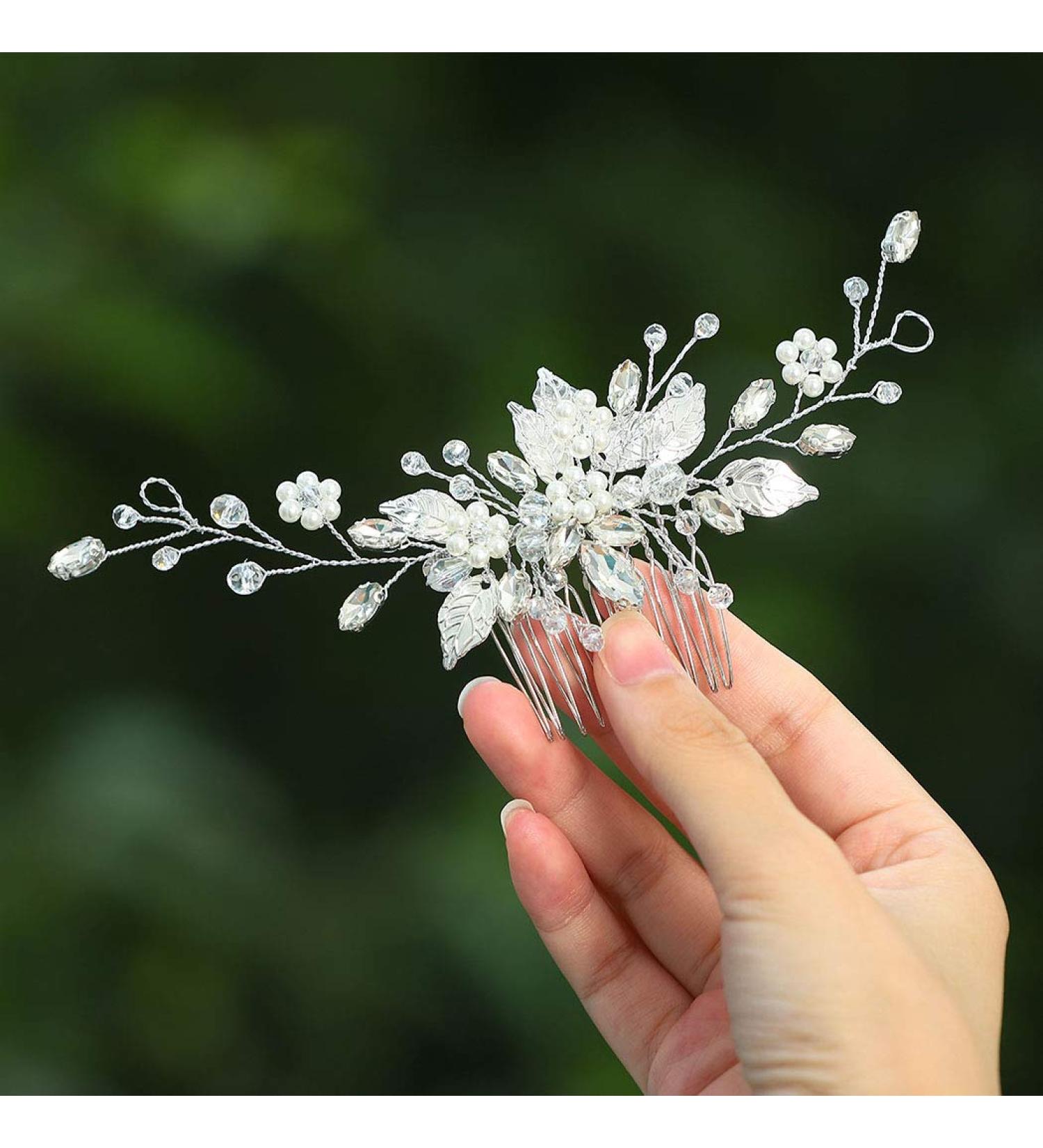 Gorais Leaf Bride Wedding Hair Comb | Pearl Bridal Hair Piece | Crystal Side Comb Accessories for Women - A-Silver - Buy Online on GoSupps.com
