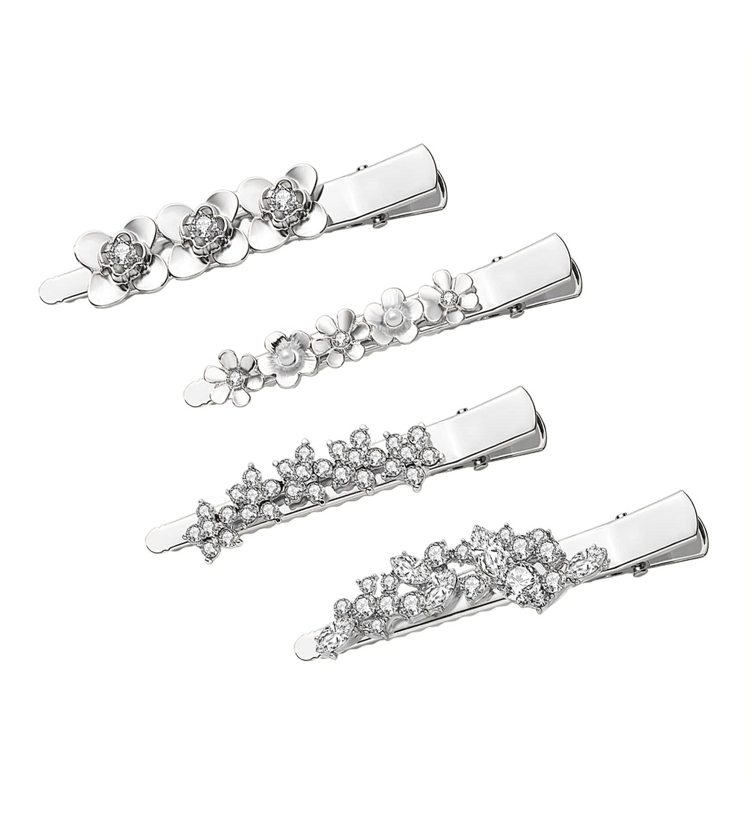 4PCS Rhinestone Flower Hair Barrettes Alligator Hair Clips for Women - Silver - Buy Online on GoSupps.com