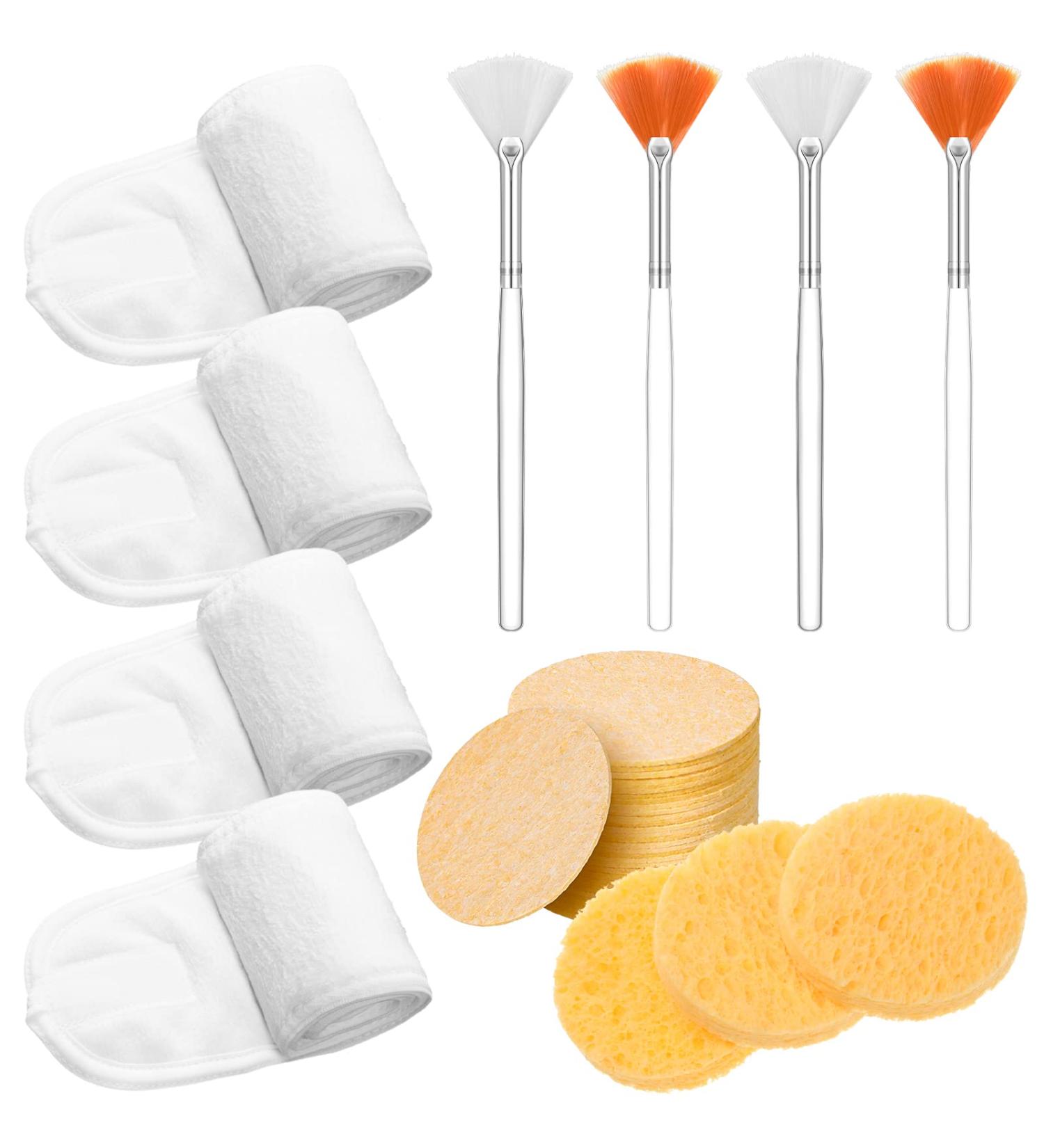 Spa Facial Headband, 30 Compressed Facial Sponges, and 4 Mask Fan Brushes Set - Esthetician Supplies in Yellow, White, Orange - Buy Online on GoSupps.com