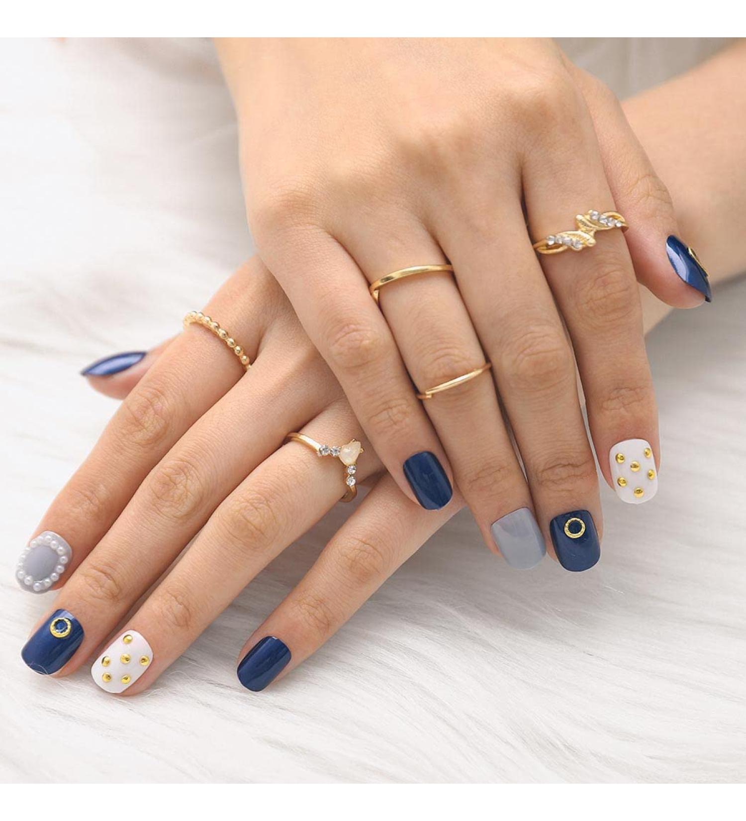 Bohend Blue Pearl Square Press-On Nails - 24 pcs Heart Shiny Fake Nails for Women & Girls - International Shipping Available - Buy Online on GoSupps.com