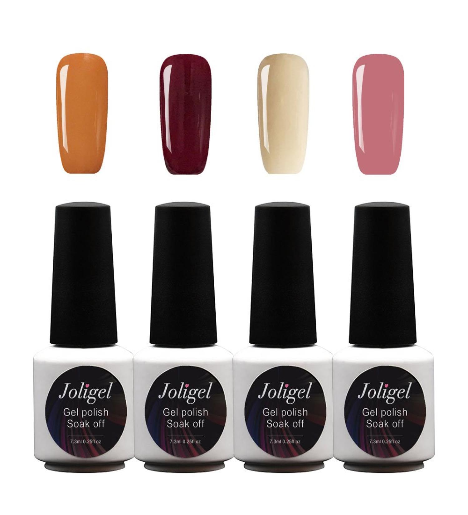 JOLIGEL 4Pcs Gel Nail Polish Set Starter Kit 7.3ml Soak Off for Nail Art Design UV LED Manicure Semi Permanent Long Lasting Mirror Finish Non-Toxic Resin 009 Caramel/Burgundy/Beige/Pink 009 Caramel / Burgundy / Beige / Pink - Buy Online on GoSupps.com