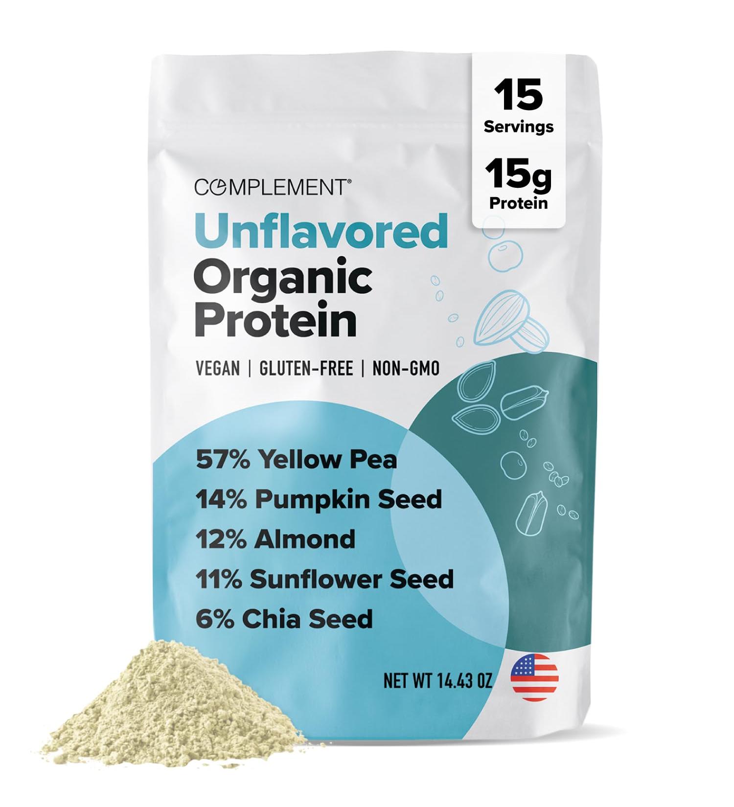 Complement Organic Unflavored Vegan Protein Powder (15 Servings) Low Carb Low Calorie Sugar Free Soy Free Non-GMO Gluten Free Non Dairy- Yellow Pea Pumpkin Seed- 15g Plant Based Protein Powder Unflavored 15 Servings  - Buy Online on GoSupps.com