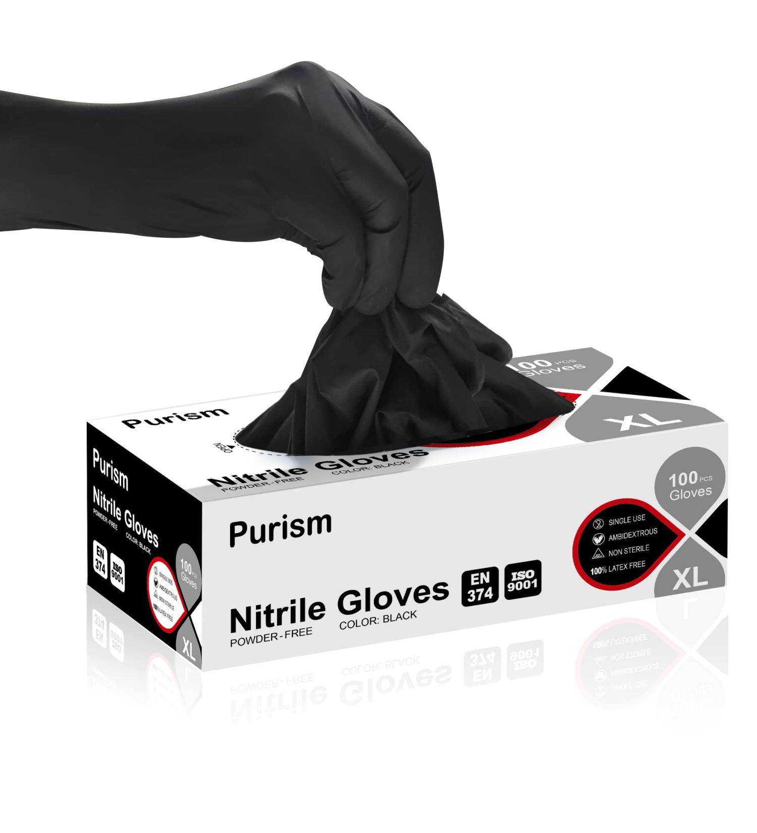 Purism Black Nitrile Gloves 4mil XL 100 Pcs - Powder-Free, Latex-Free, Black (Pack of 100) - Buy Online on GoSupps.com