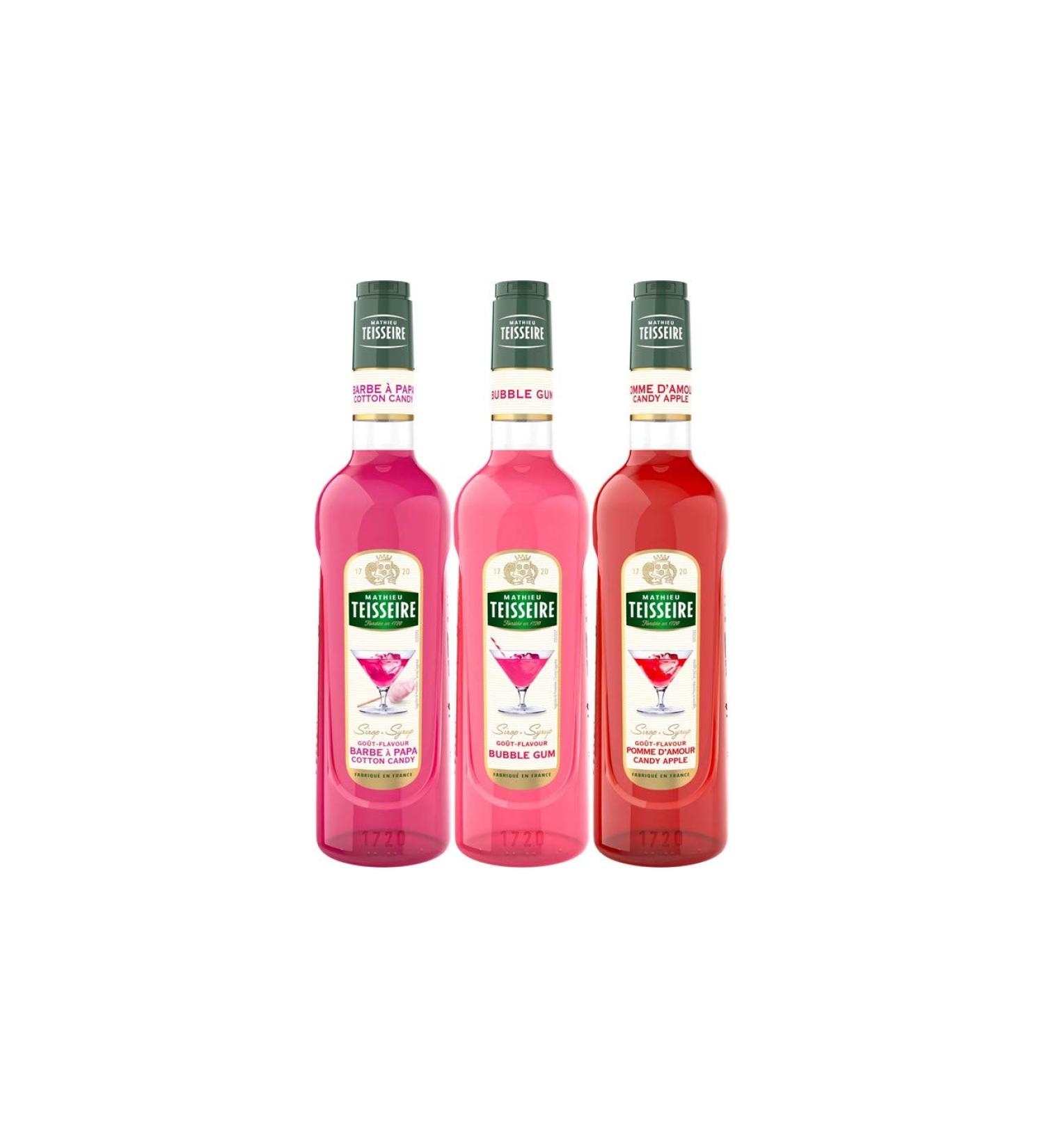 Assorted memories of childhood tastes of Mathieu Teisseire syrups: Pomme d'amour Bubble gum and cotton candy 3 bottles 70cl. - Buy Online on GoSupps.com