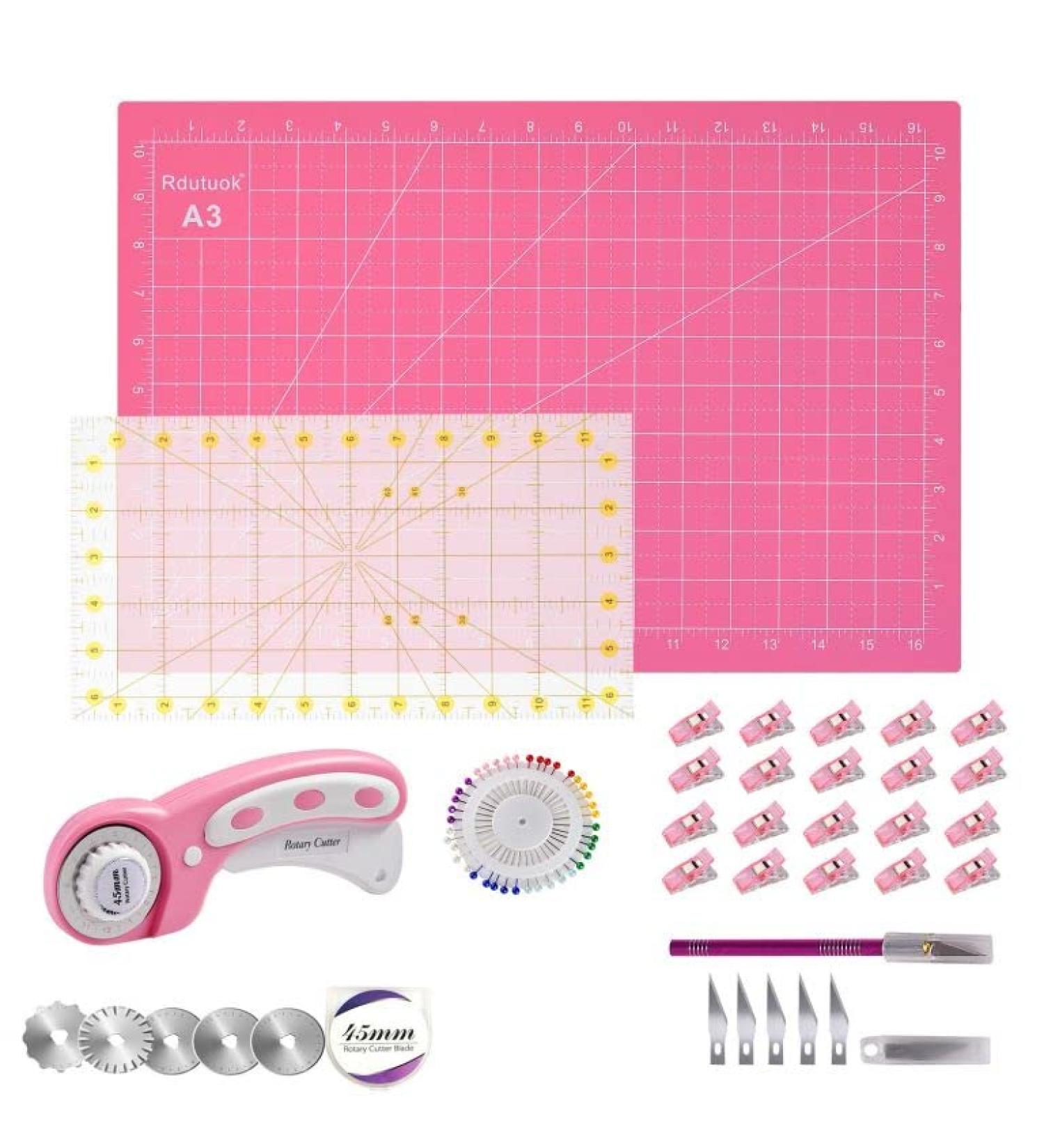 Rdutuok 45mm Rotary Cutter Set with 5 Replacement Blades, A3 Cutting Mat, Acrylic Ruler, Sewing Pins, Craft Knife, and Clips - Perfect for Sewing, Crafting, and Patchworking - Buy Online on GoSupps.com