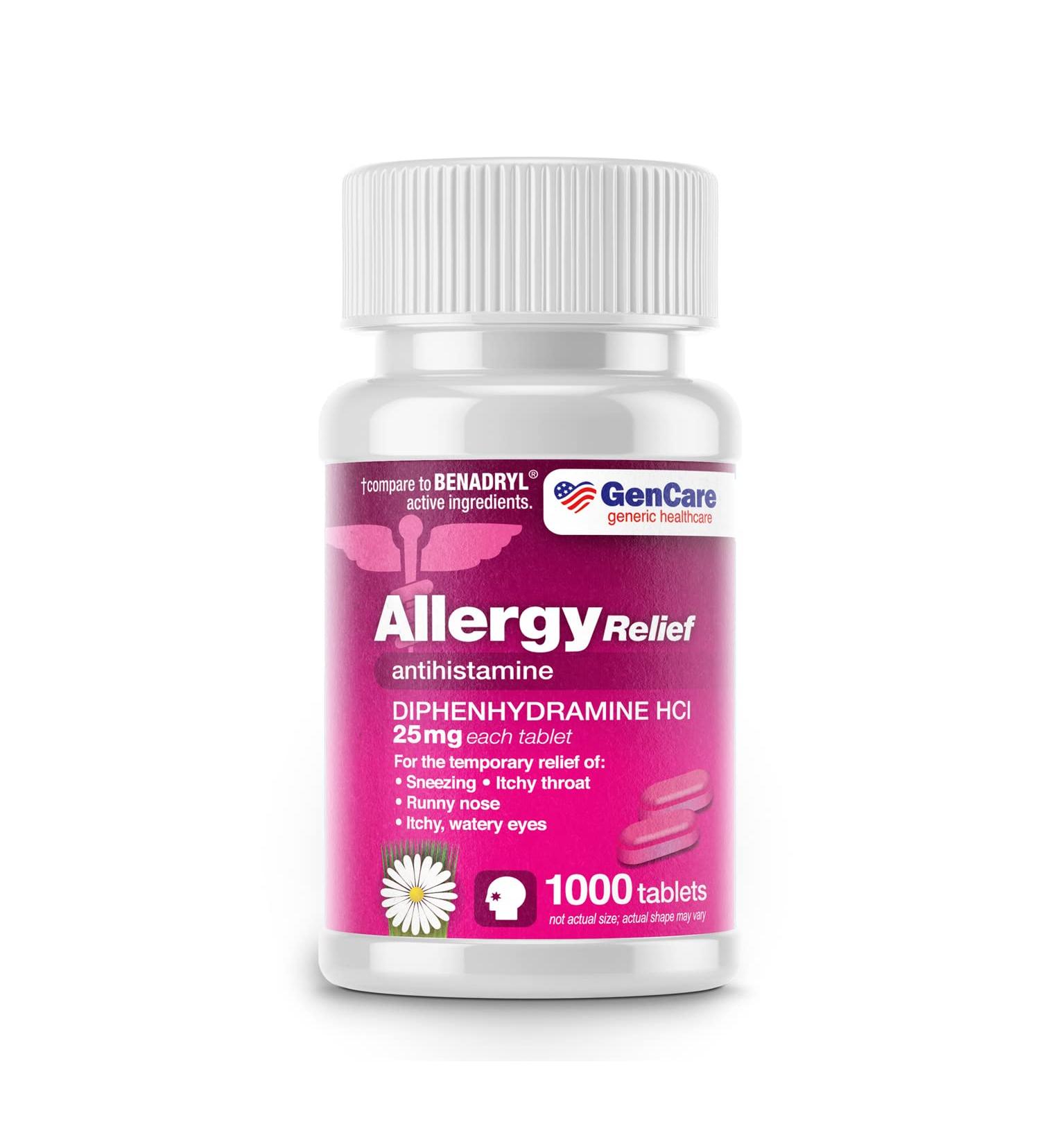 GenCare Antihistamine Diphenhydramine HCl 25mg (1000 Tablets) - Bulk Savings | Relief for Allergies - Itchy Eyes, Sneezing, Runny Nose | Compare to Benadryl - 1000 Count - Buy Online on GoSupps.com