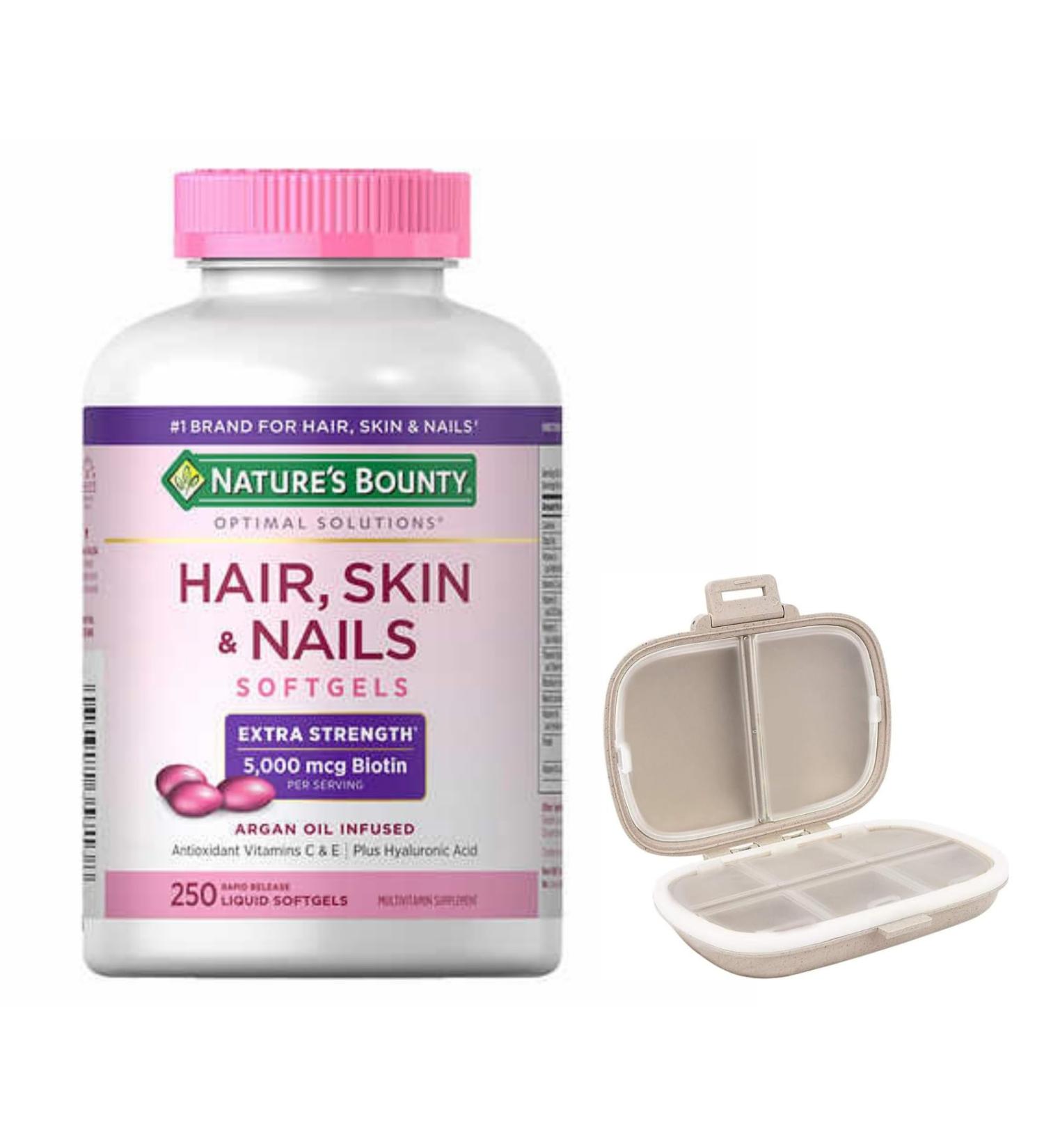 Natures Bounty Hair Skin & Nails 250 Softgels + Khaki Travel Pill Organizer - Vitamins & Supplements for Healthy Beauty - Buy Online on GoSupps.com